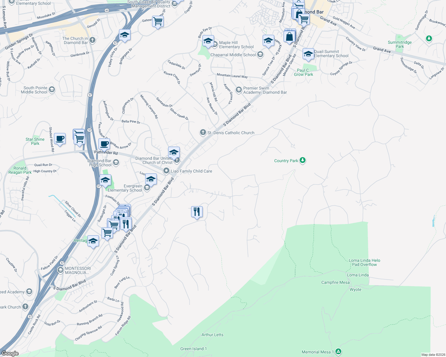 map of restaurants, bars, coffee shops, grocery stores, and more near 2359 Alamo Heights Drive in Diamond Bar