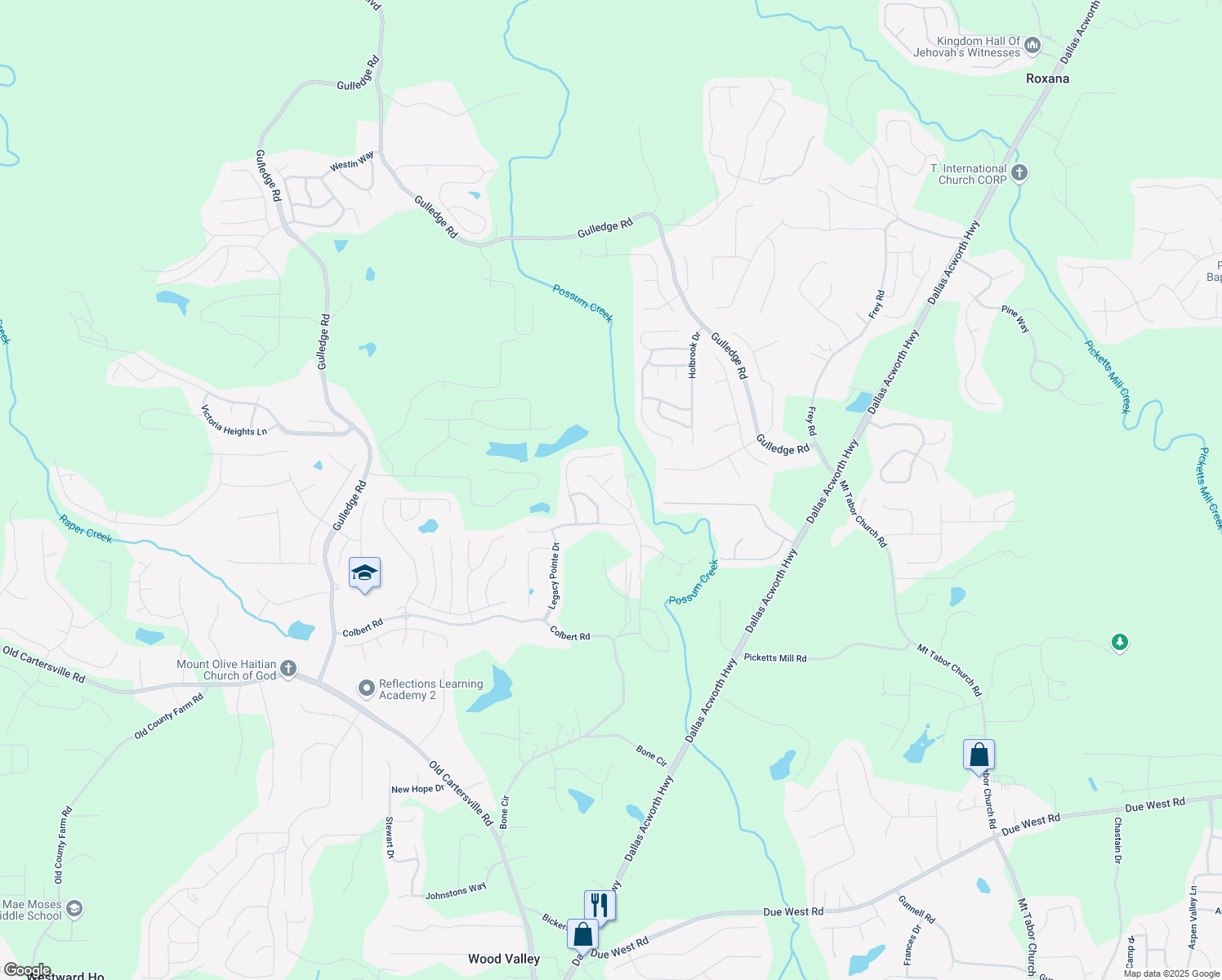 map of restaurants, bars, coffee shops, grocery stores, and more near 126 Possum Creek Lane in Dallas