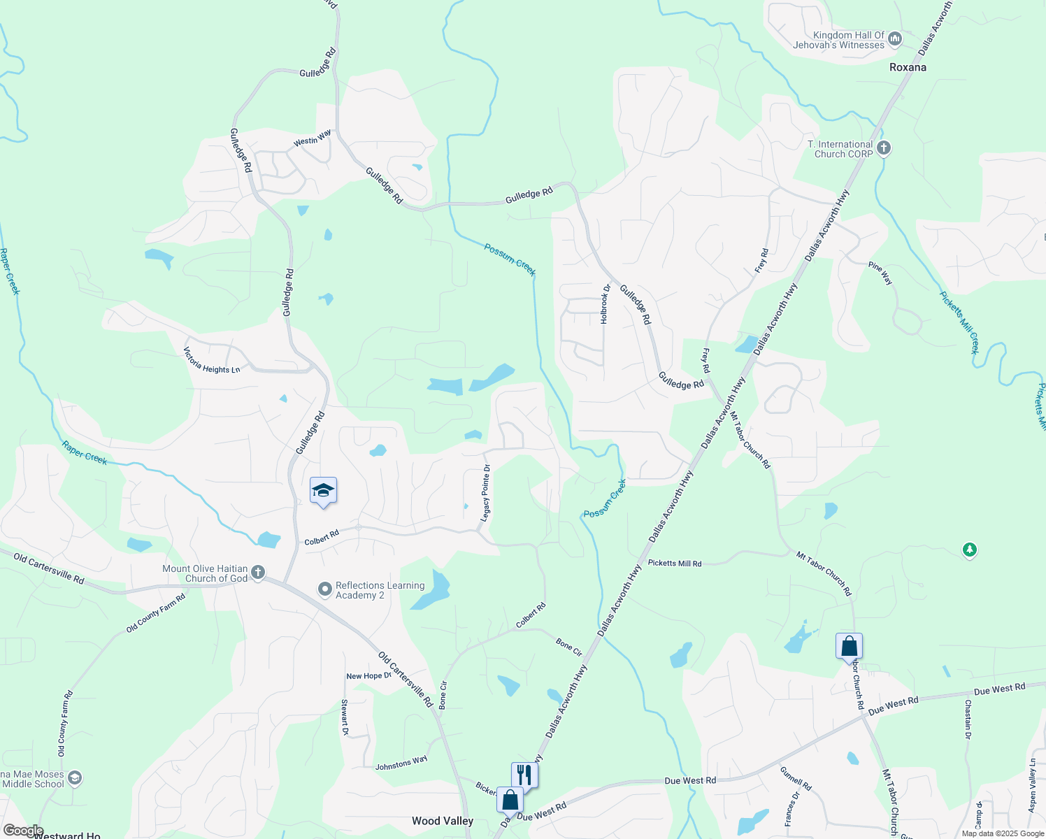 map of restaurants, bars, coffee shops, grocery stores, and more near 151 Possum Creek Lane in Dallas
