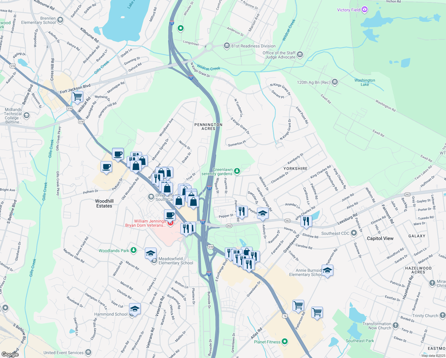 map of restaurants, bars, coffee shops, grocery stores, and more near 6655 Frances Street in Columbia