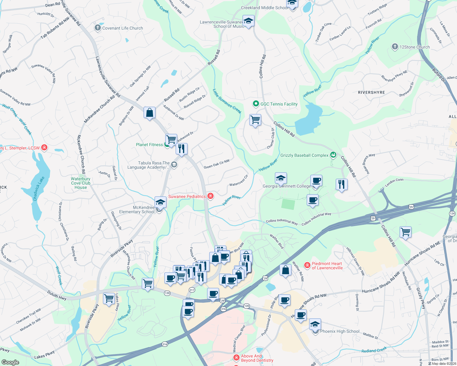 map of restaurants, bars, coffee shops, grocery stores, and more near 1524 Watercrest Cir in Lawrenceville