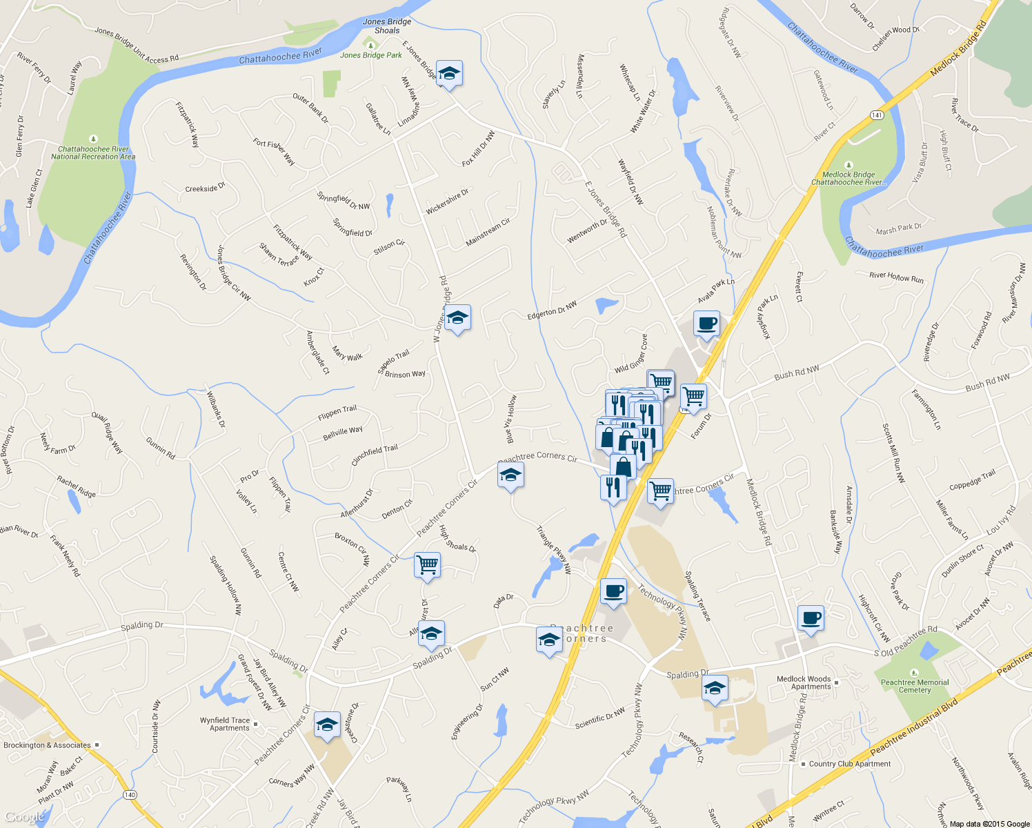 map of restaurants, bars, coffee shops, grocery stores, and more near 4121 Blue Iris Hollow in Norcross