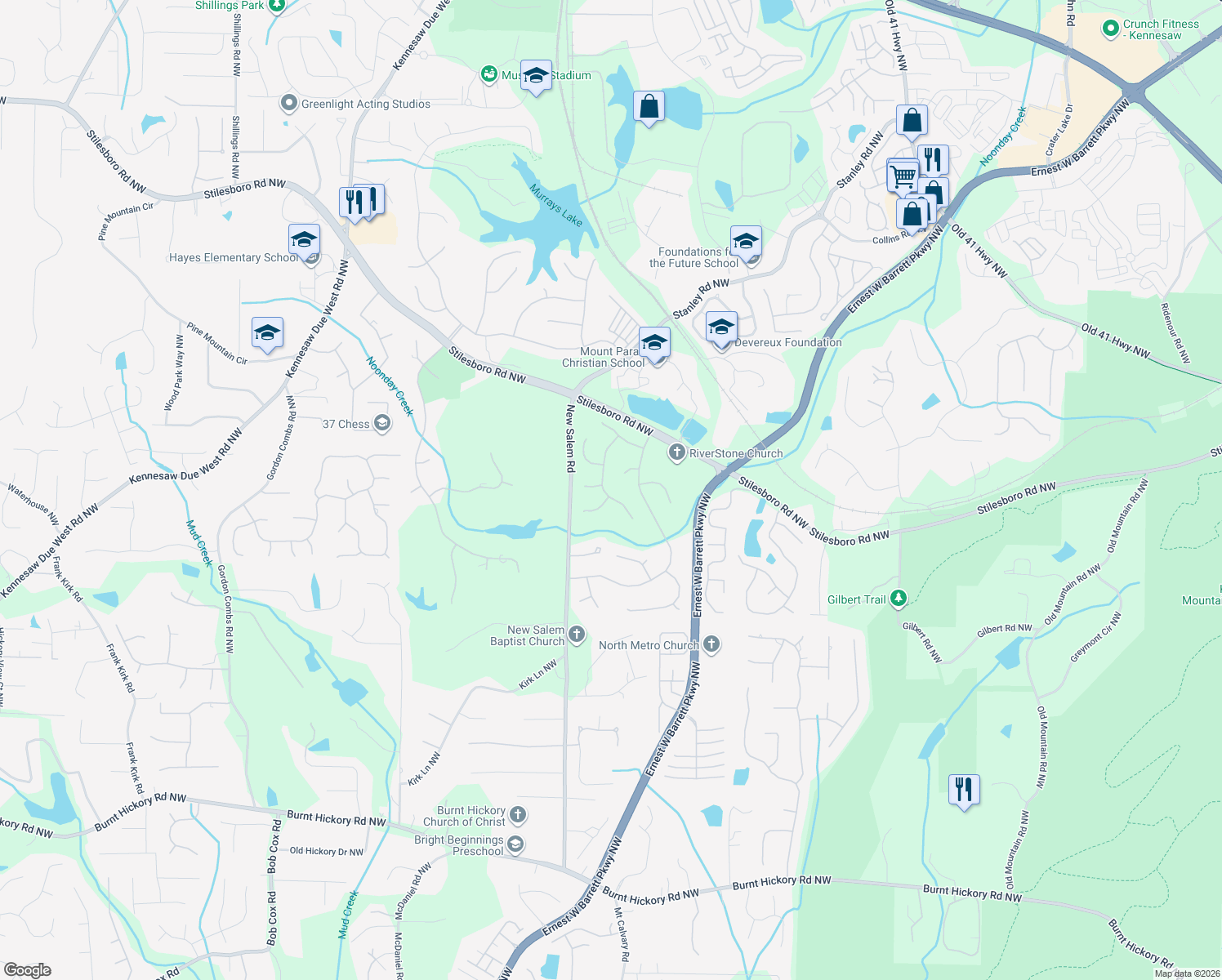 map of restaurants, bars, coffee shops, grocery stores, and more near 1100 Cockrell Dr NW in Kennesaw