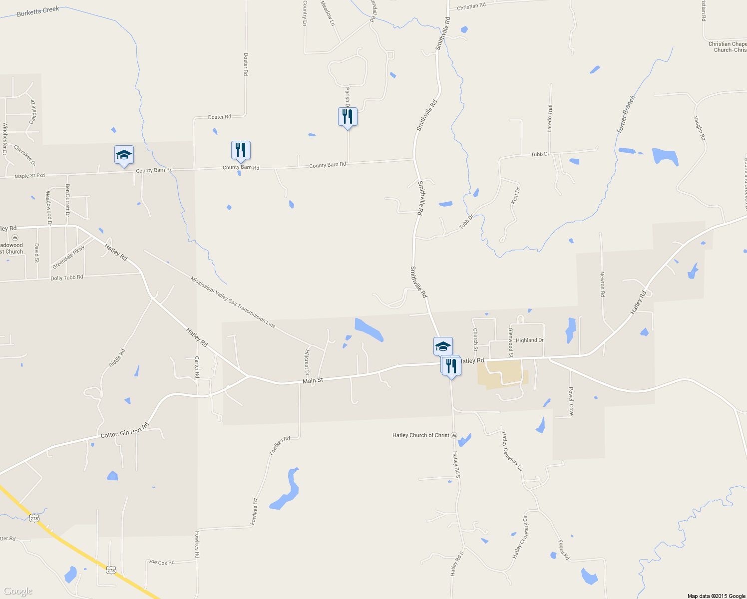 map of restaurants, bars, coffee shops, grocery stores, and more near 60008 Cates Drive in Amory