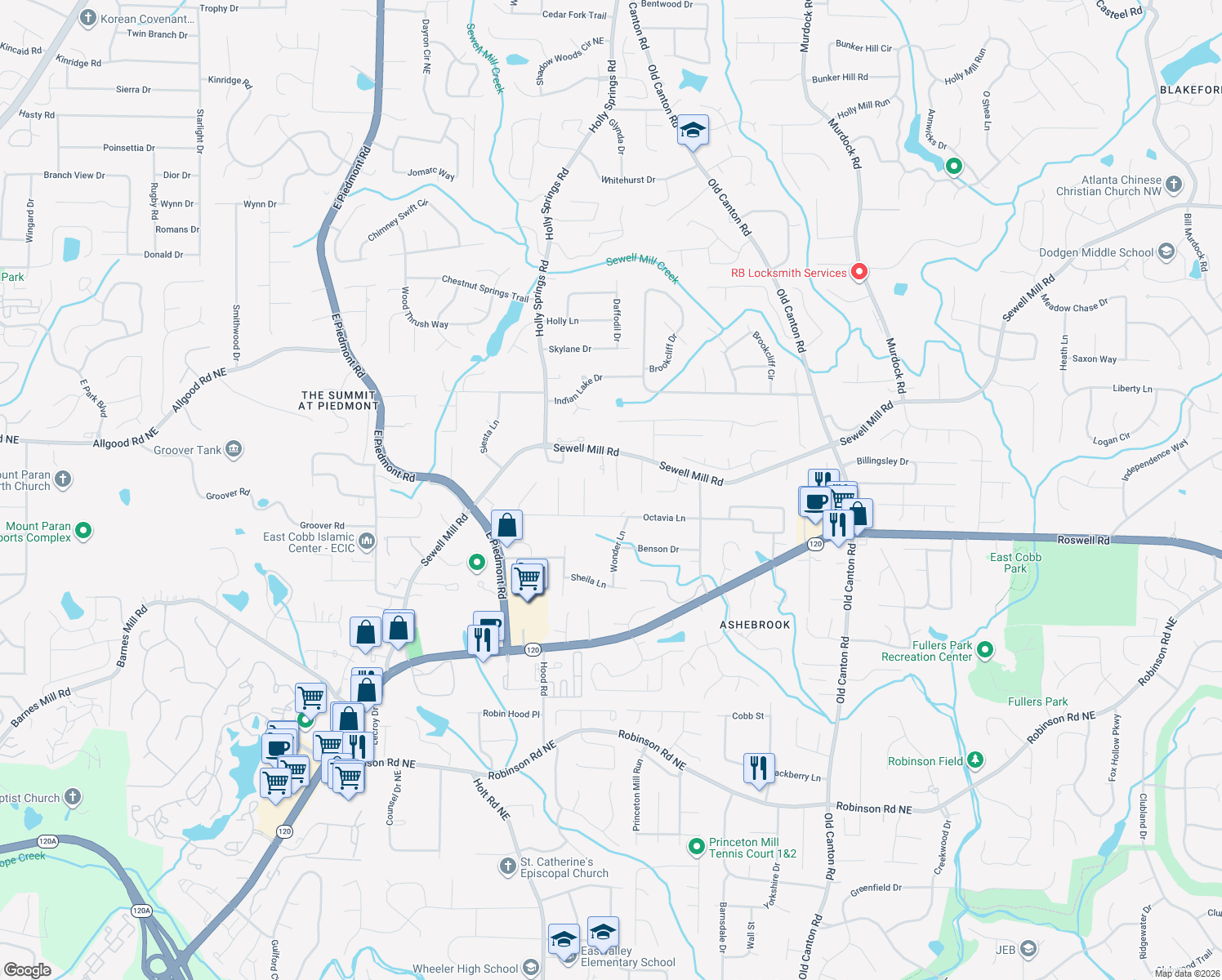 map of restaurants, bars, coffee shops, grocery stores, and more near 1327 Nonie Way in Marietta