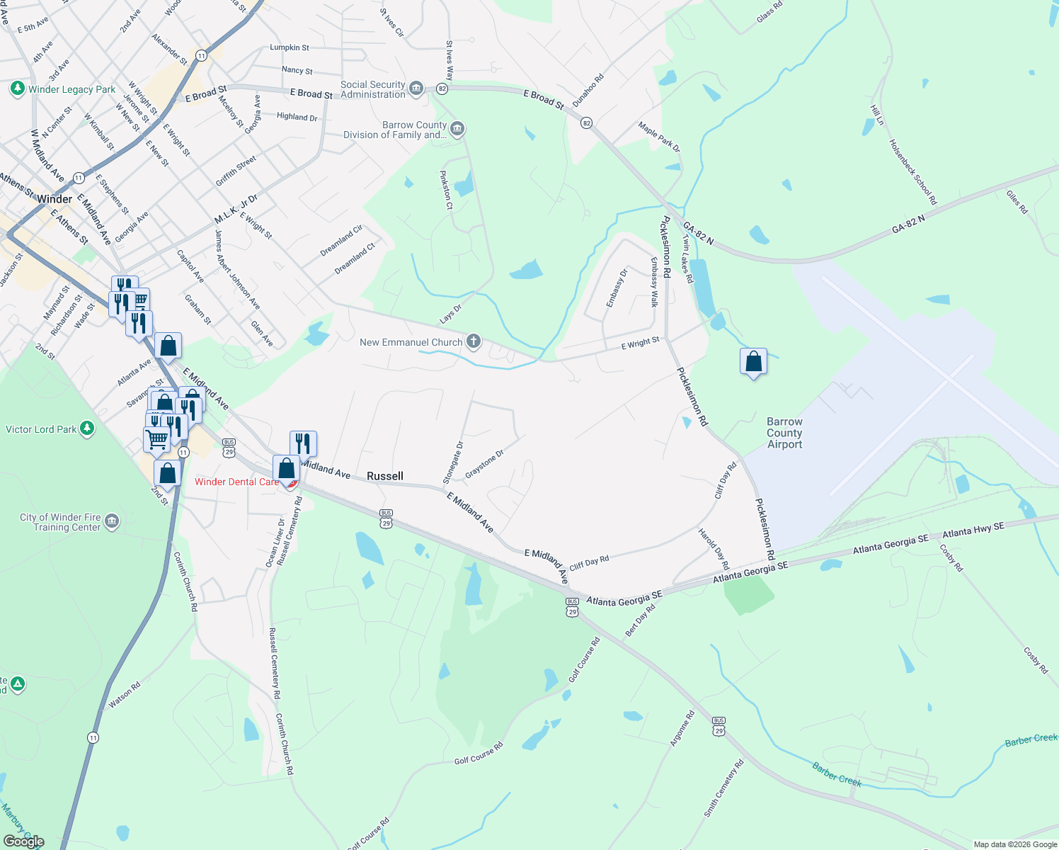map of restaurants, bars, coffee shops, grocery stores, and more near 526 Stoneridge Dr in Winder