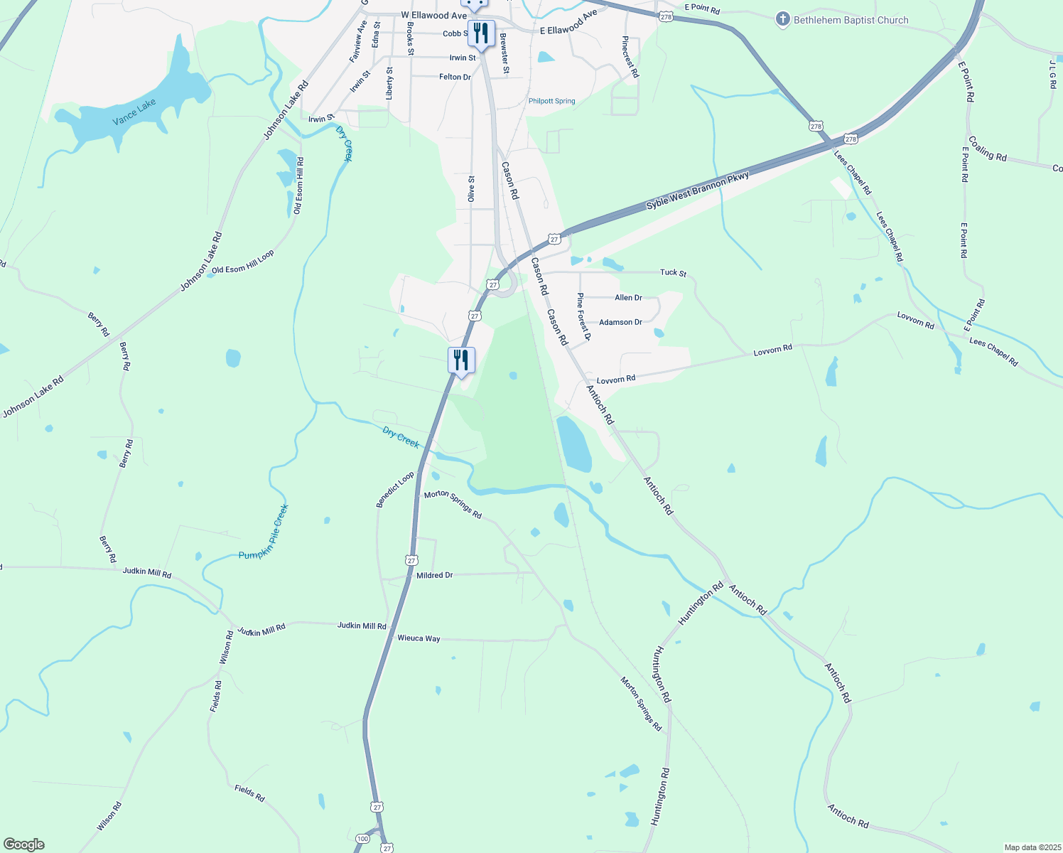 map of restaurants, bars, coffee shops, grocery stores, and more near Old Mill Road in Cedartown