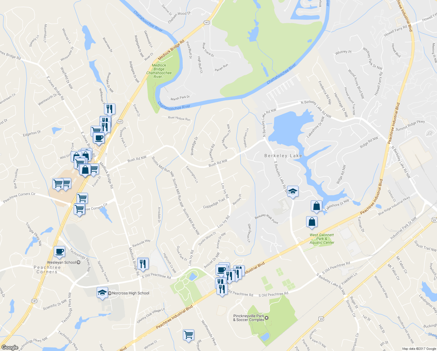 map of restaurants, bars, coffee shops, grocery stores, and more near 4718 Lou Ivy Road in Duluth