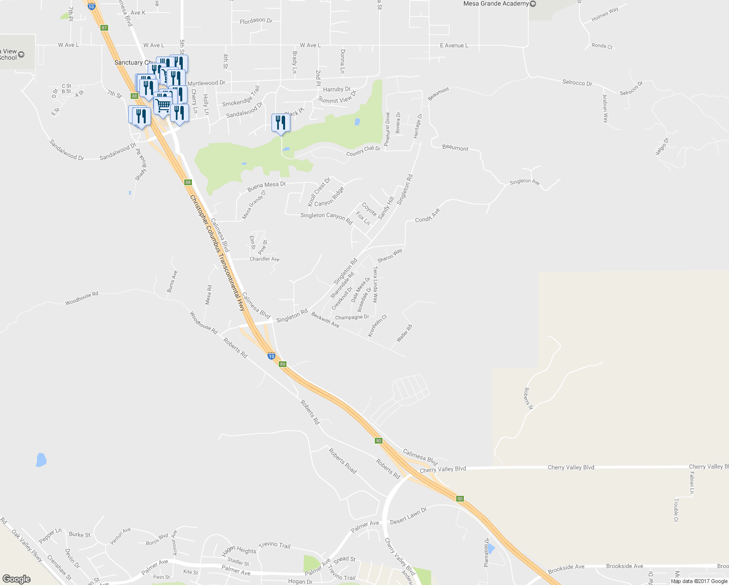 map of restaurants, bars, coffee shops, grocery stores, and more near 9607 Rosedale Drive in Calimesa