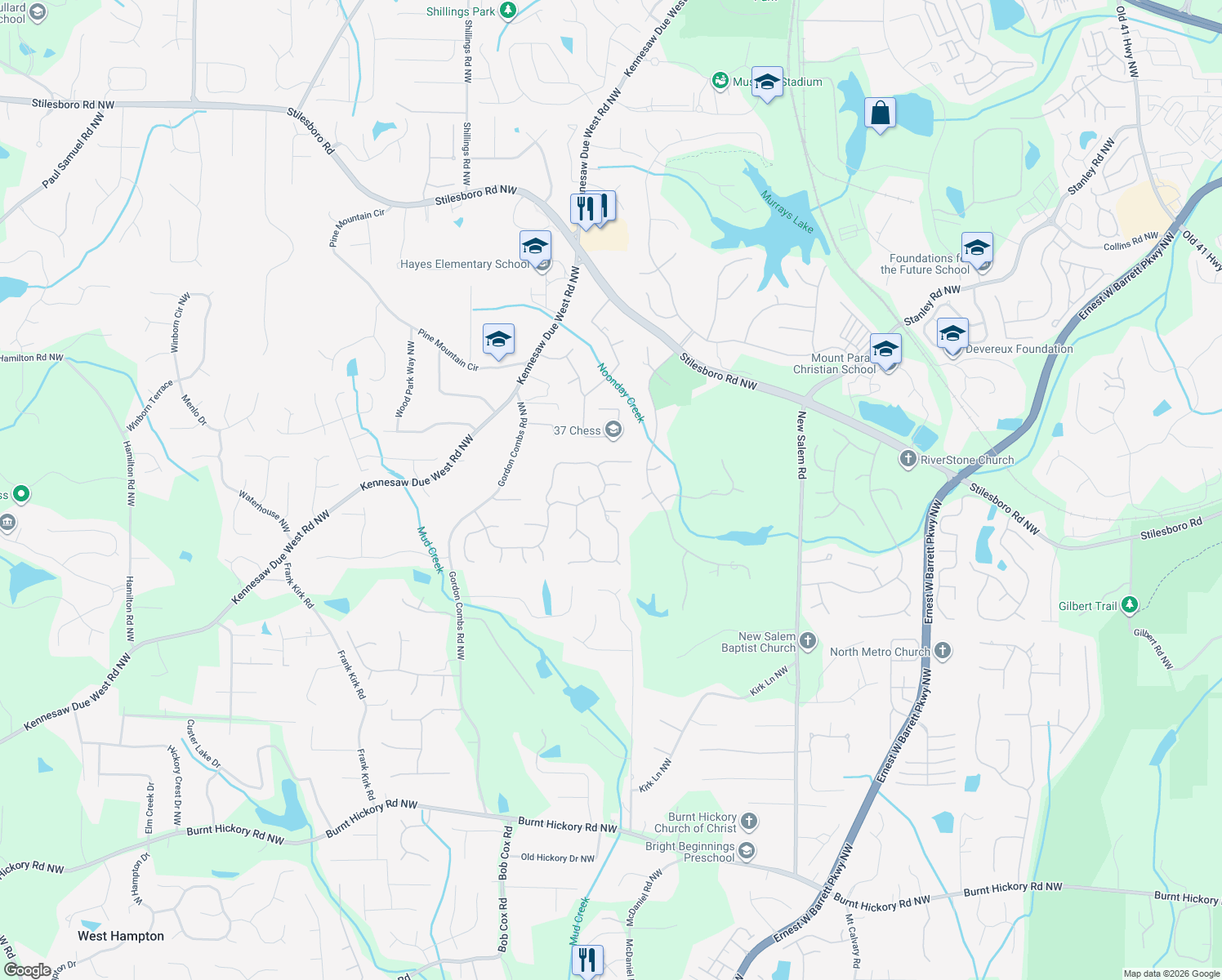 map of restaurants, bars, coffee shops, grocery stores, and more near 2801 Saddlebrook Way Northwest in Marietta