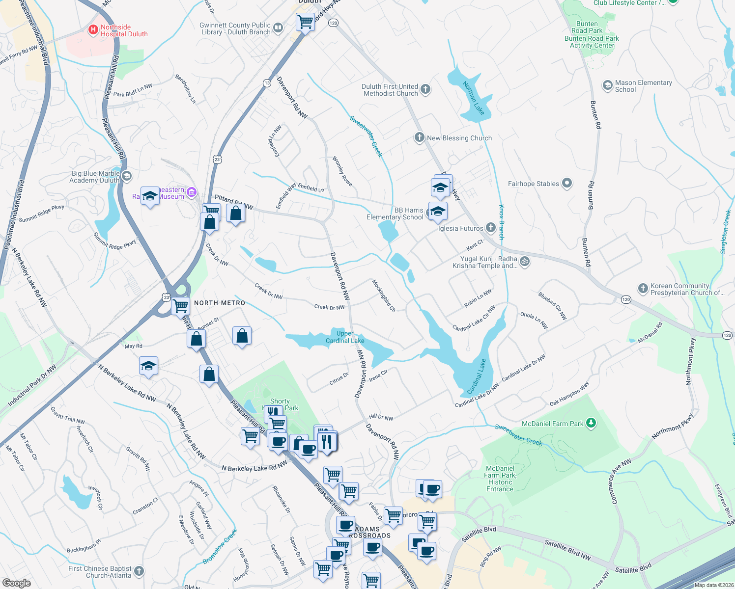 map of restaurants, bars, coffee shops, grocery stores, and more near 3351 Blue Jay Drive Northwest in Duluth