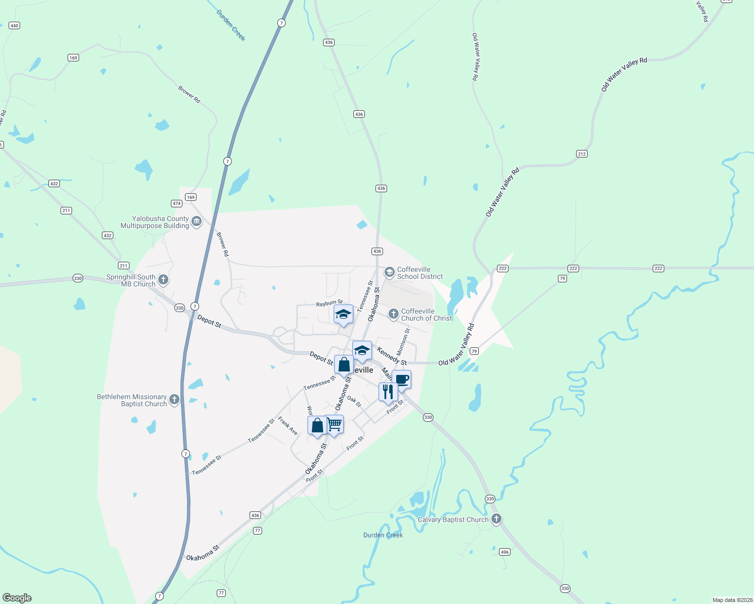 map of restaurants, bars, coffee shops, grocery stores, and more near 168 Delaware St in Coffeeville
