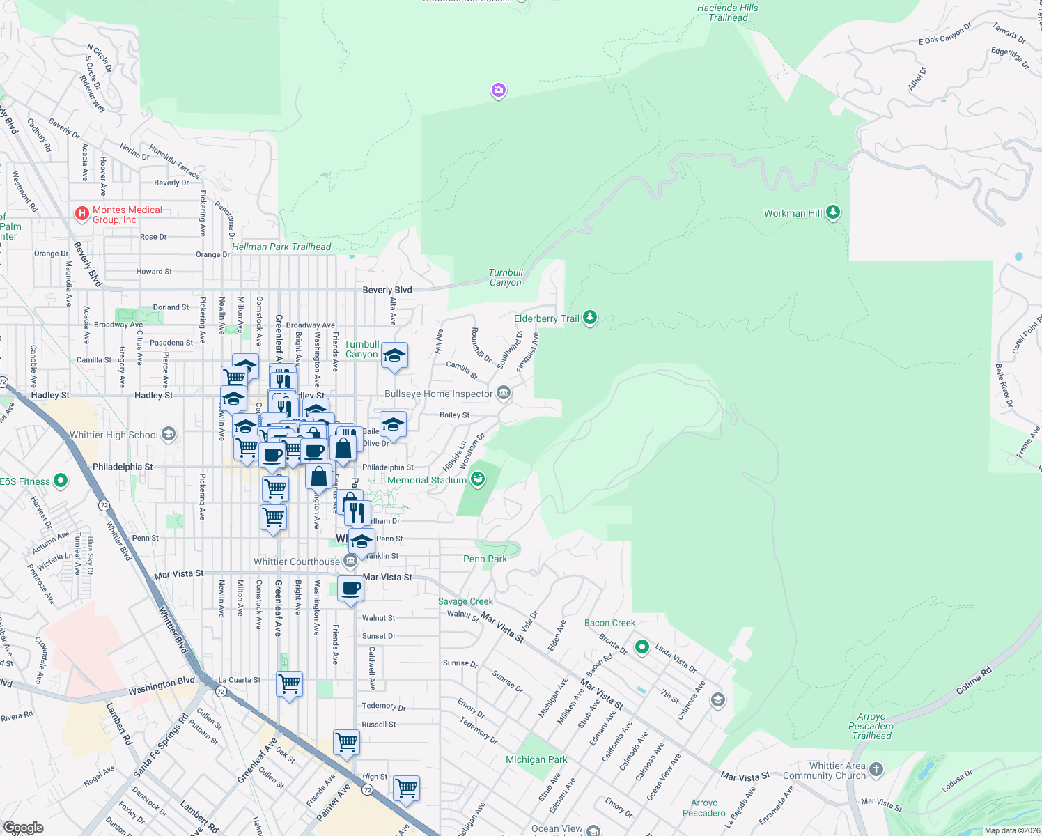 map of restaurants, bars, coffee shops, grocery stores, and more near 6706 Worsham Drive in Whittier