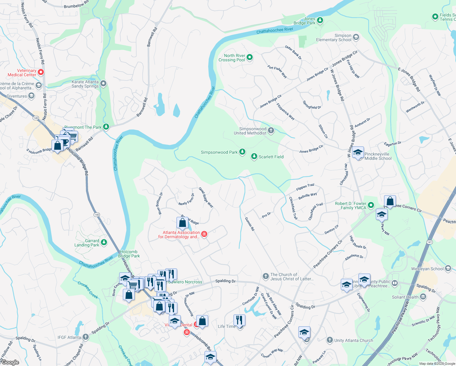 map of restaurants, bars, coffee shops, grocery stores, and more near 5891 Ranger Court in Norcross