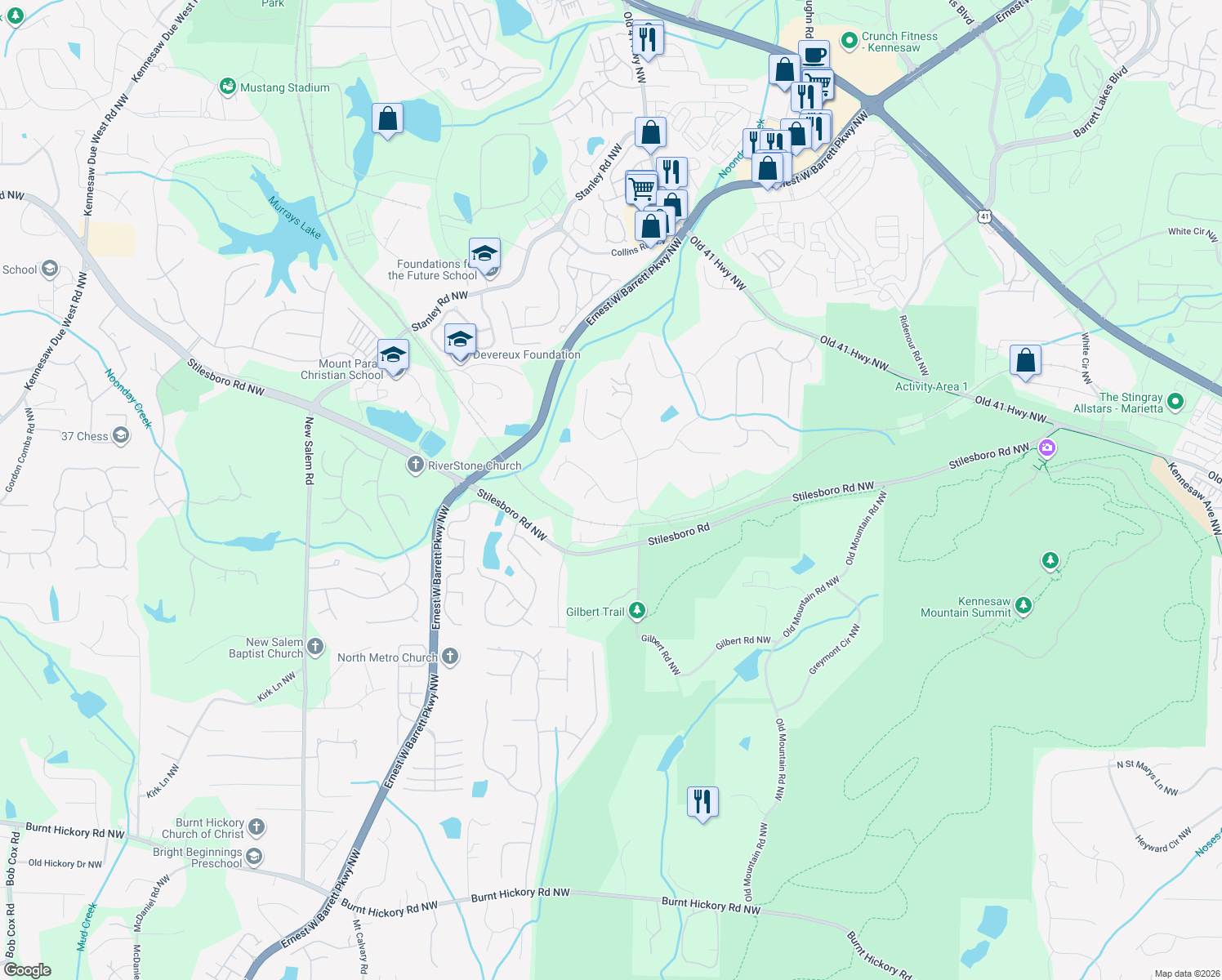 map of restaurants, bars, coffee shops, grocery stores, and more near 1658 Valor Ridge Dr NW in Kennesaw