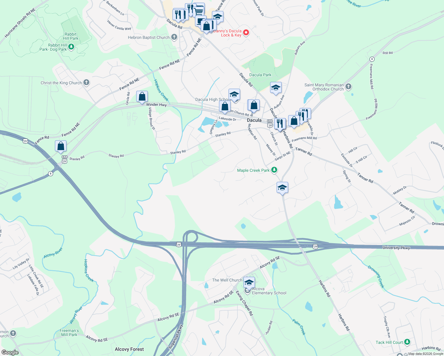 map of restaurants, bars, coffee shops, grocery stores, and more near 2272 Alton Frank Way in Dacula