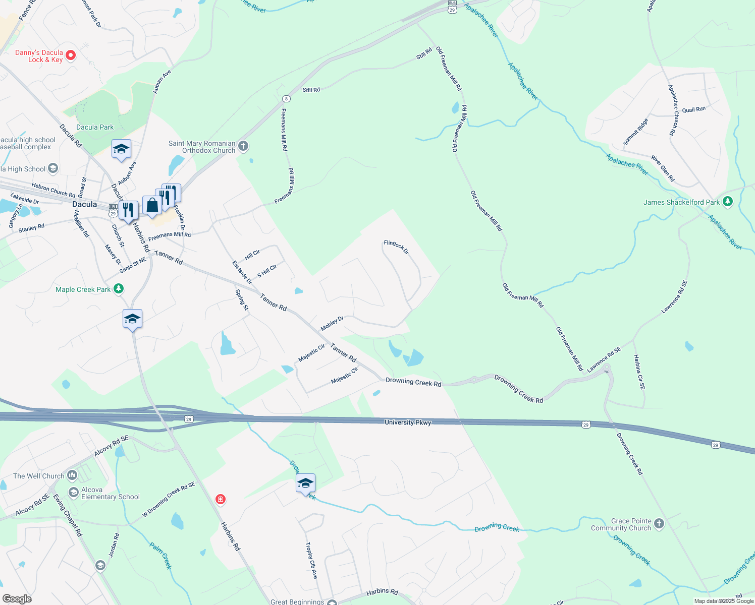 map of restaurants, bars, coffee shops, grocery stores, and more near 2984 Superior Drive in Dacula