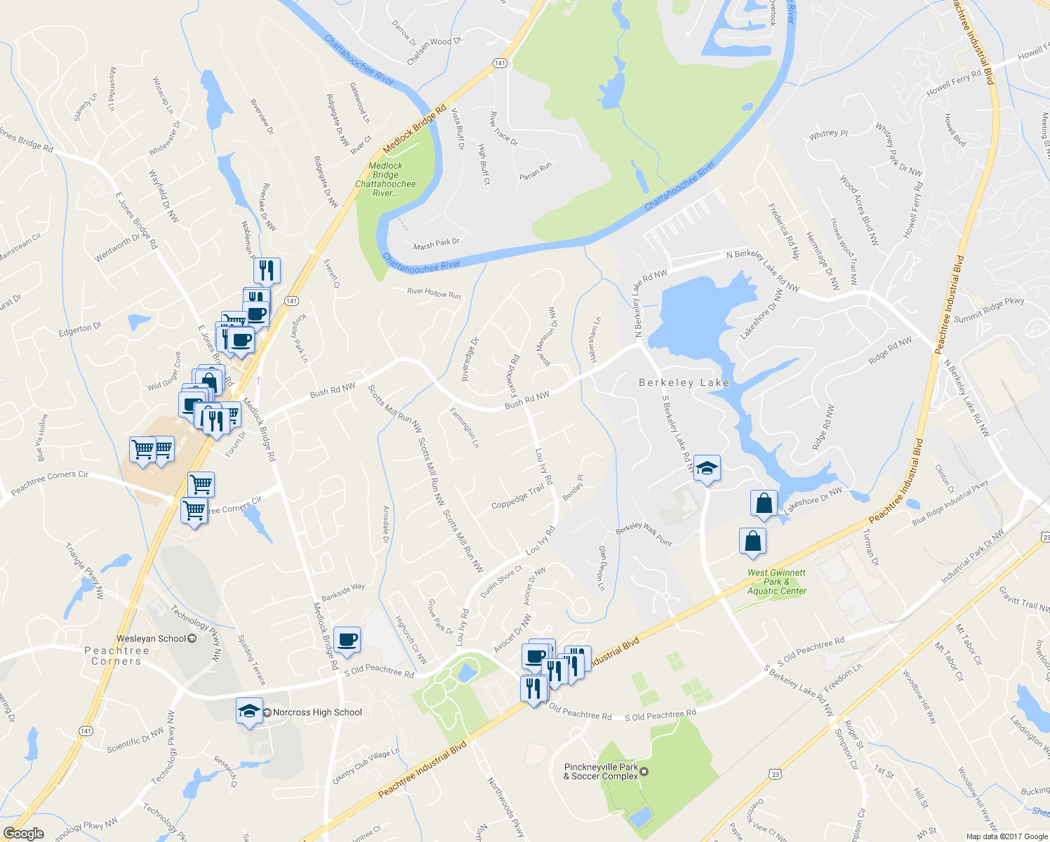 map of restaurants, bars, coffee shops, grocery stores, and more near 4657 Lou Ivy Road in Duluth