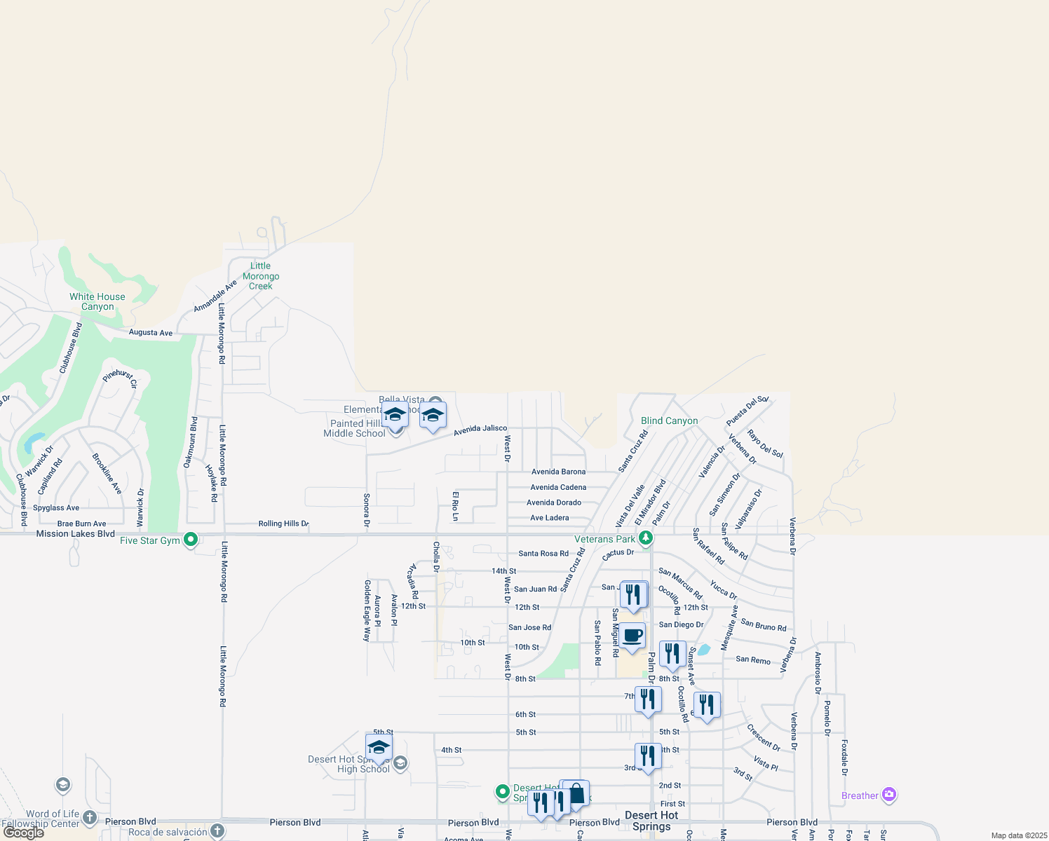 map of restaurants, bars, coffee shops, grocery stores, and more near 9210 Calle Barranca in Desert Hot Springs