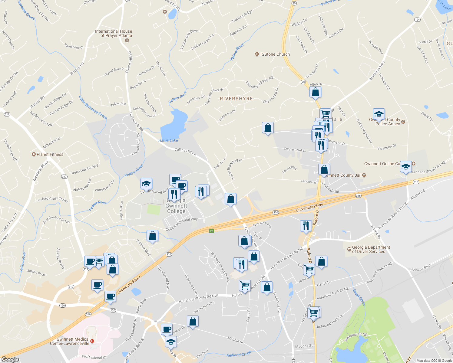 map of restaurants, bars, coffee shops, grocery stores, and more near 28 Indian Branch Way in Lawrenceville