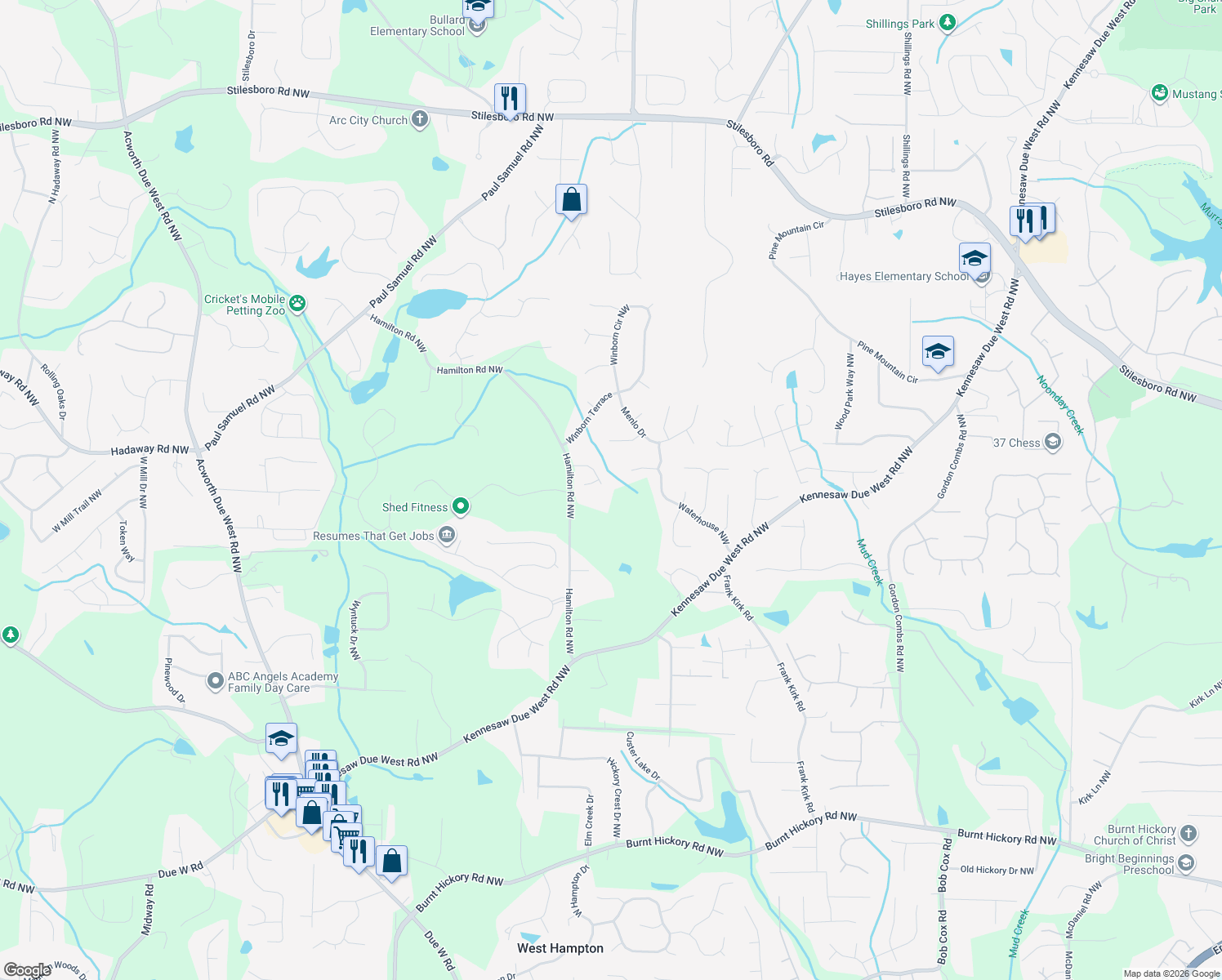 map of restaurants, bars, coffee shops, grocery stores, and more near 1130 Hamilton Estates Drive in Kennesaw
