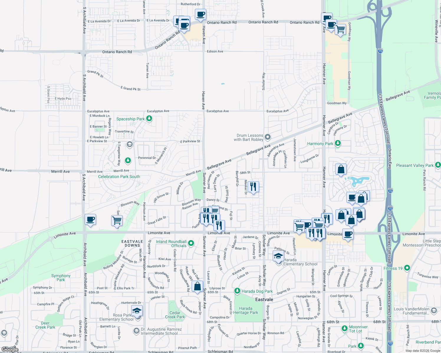 map of restaurants, bars, coffee shops, grocery stores, and more near 5772-5782 Larry Dean Street in Eastvale