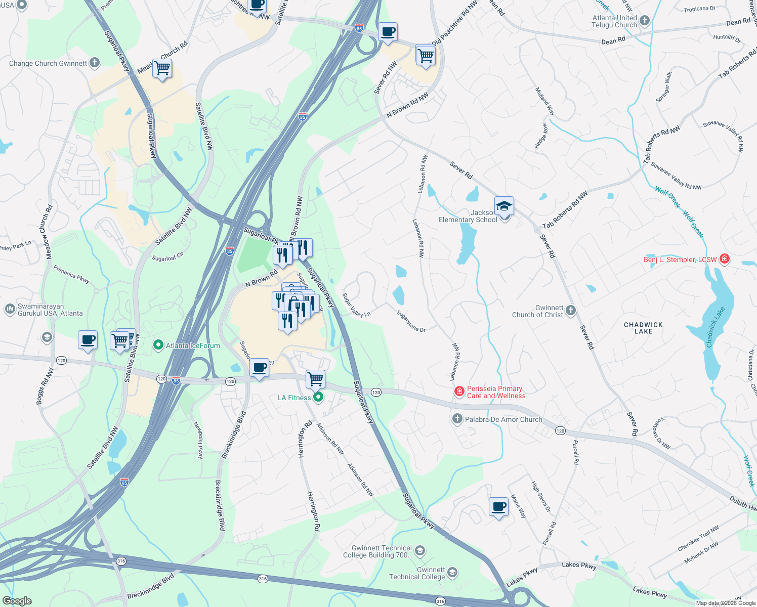 map of restaurants, bars, coffee shops, grocery stores, and more near 1959 Sugar Springs Dr in Lawrenceville