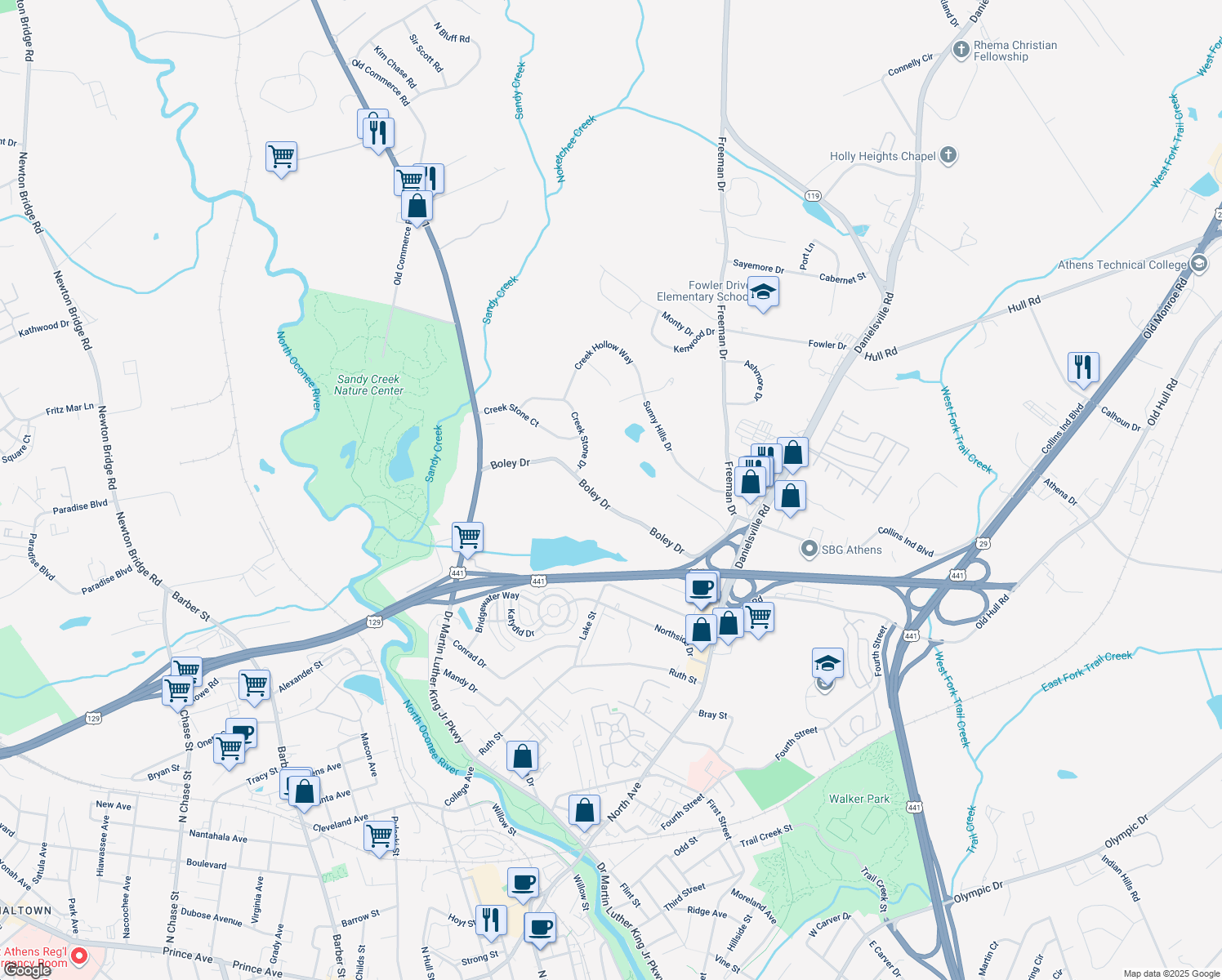 map of restaurants, bars, coffee shops, grocery stores, and more near 311 Boley Drive in Athens
