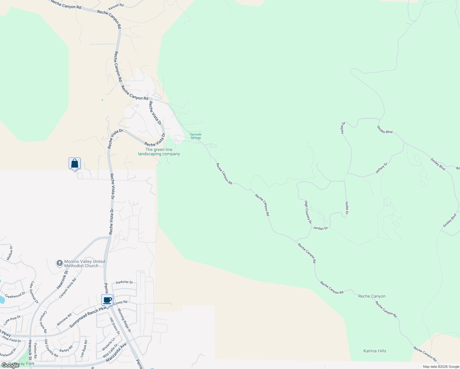 map of restaurants, bars, coffee shops, grocery stores, and more near 2845 Reche Canyon Road in Colton