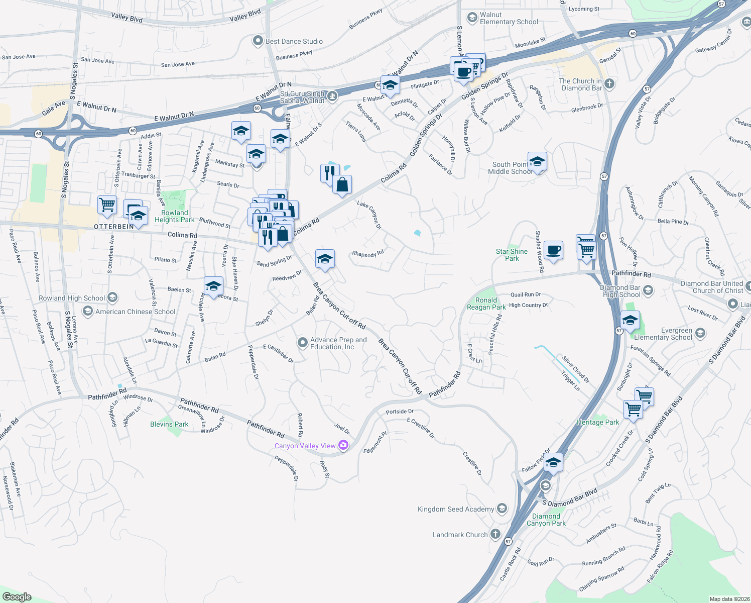 map of restaurants, bars, coffee shops, grocery stores, and more near 20330 Holcroft Dr in Walnut