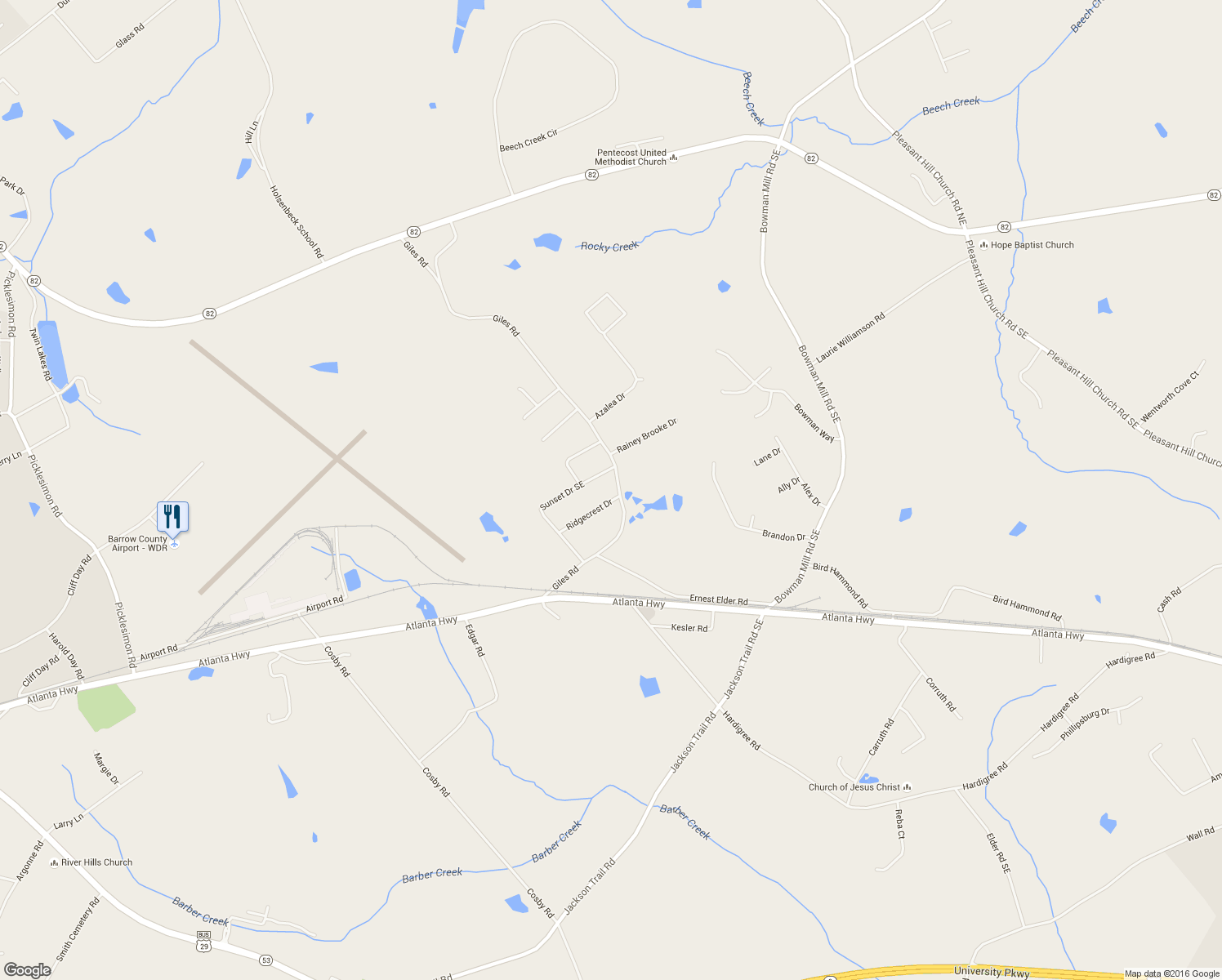 map of restaurants, bars, coffee shops, grocery stores, and more near 1201 Ridgecrest Drive in Winder