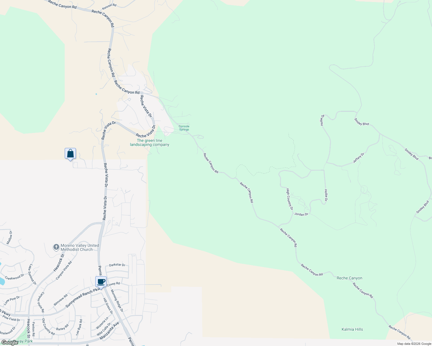 map of restaurants, bars, coffee shops, grocery stores, and more near 2845 Reche Canyon Road in Colton