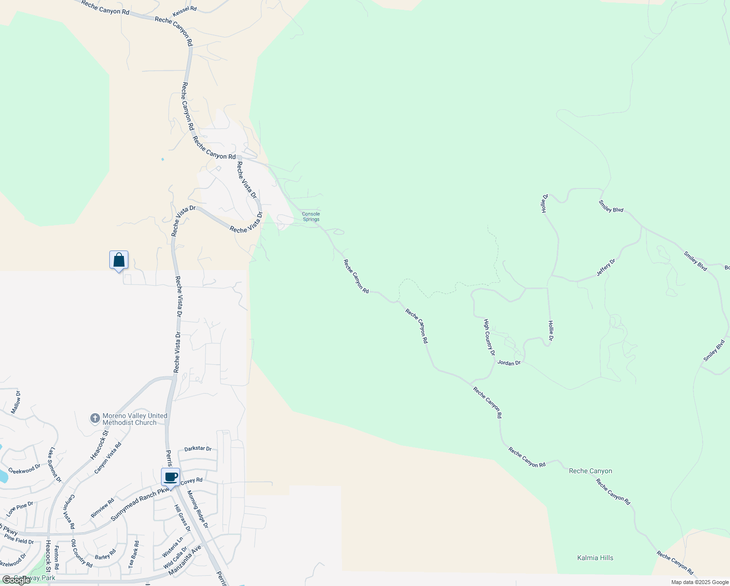 map of restaurants, bars, coffee shops, grocery stores, and more near Reche Canyon Road in Colton