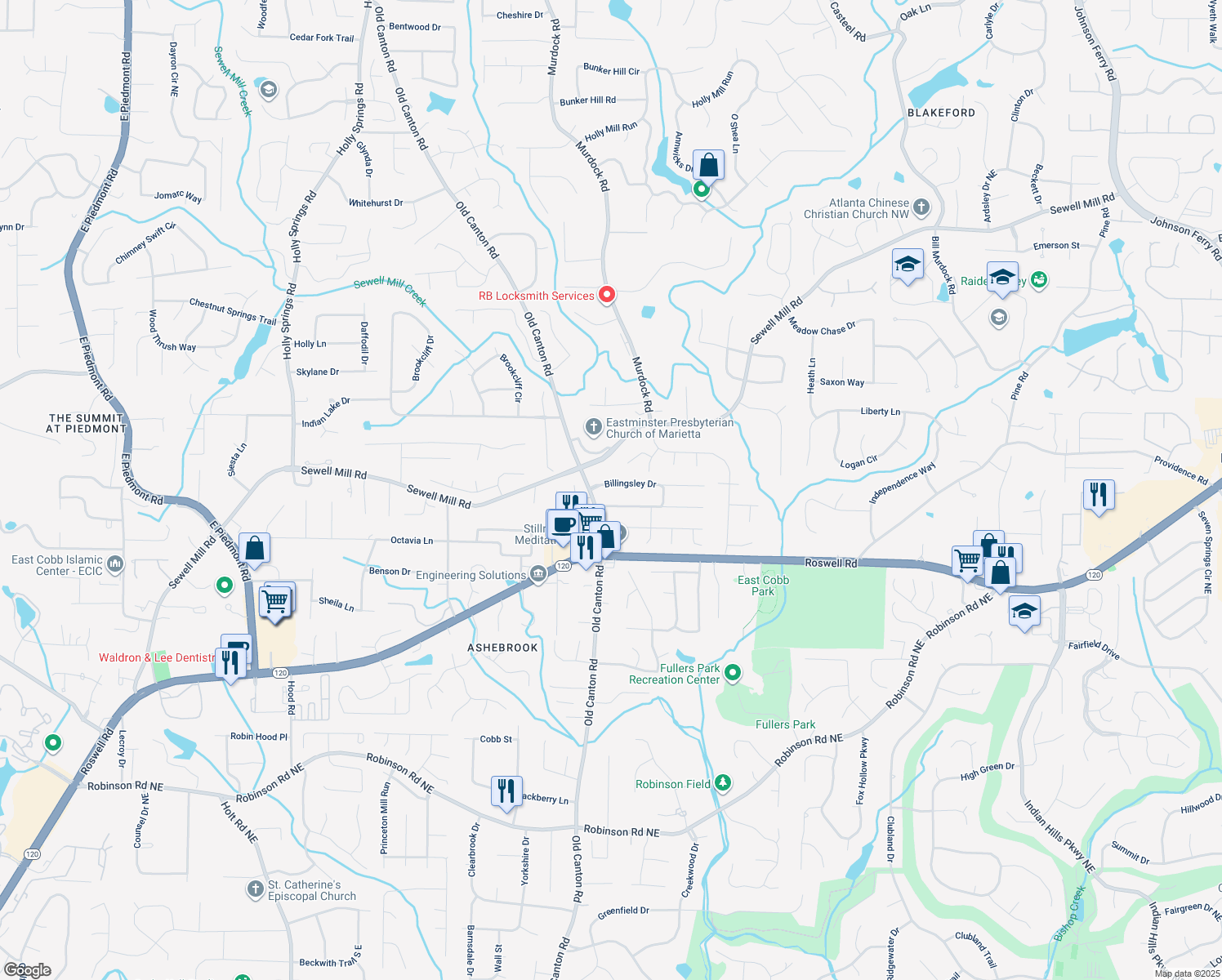 map of restaurants, bars, coffee shops, grocery stores, and more near 3506 Billingsley Drive in Marietta