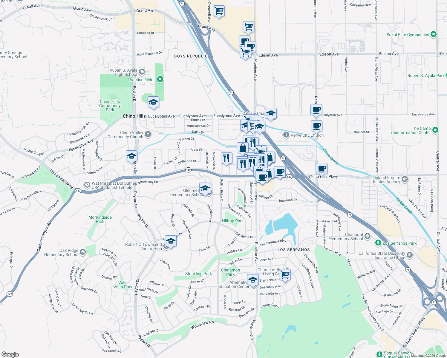 map of restaurants, bars, coffee shops, grocery stores, and more near 14911 Rolling Ridge Drive in Chino Hills