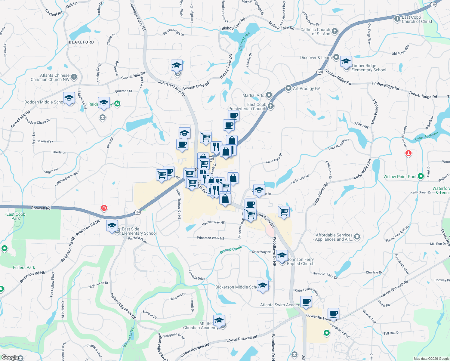 map of restaurants, bars, coffee shops, grocery stores, and more near 1356 Heritage Glen Drive in Marietta