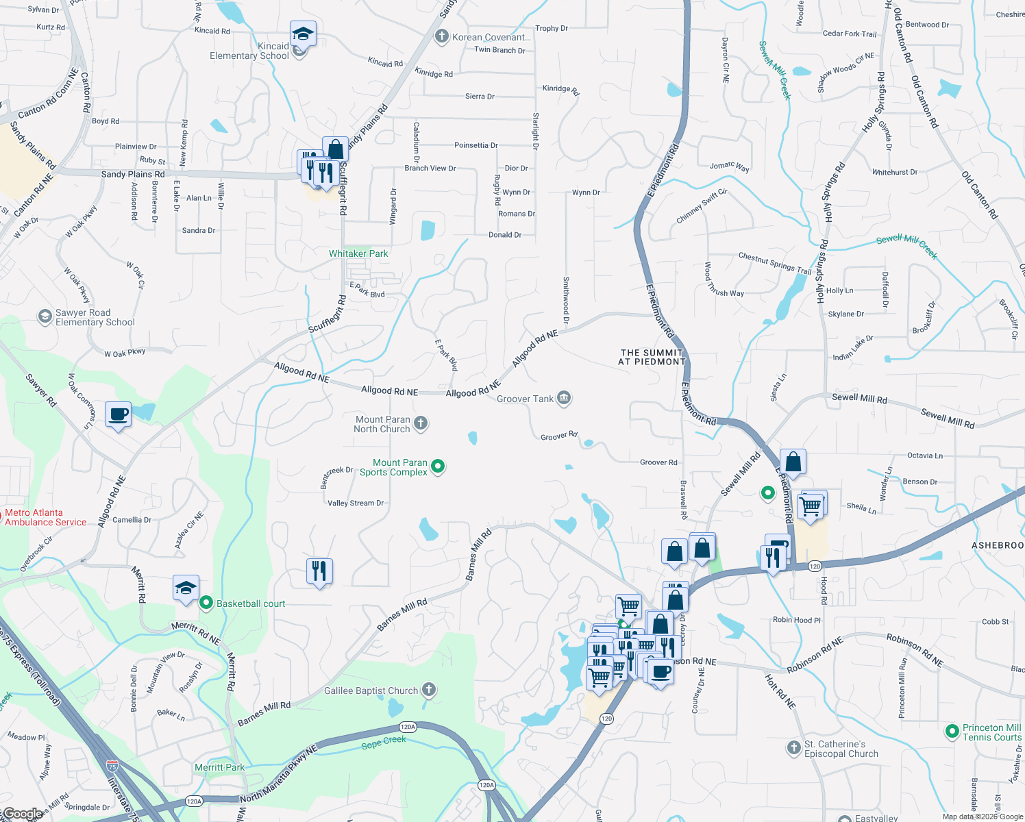 map of restaurants, bars, coffee shops, grocery stores, and more near 1870 Groover Road in Marietta