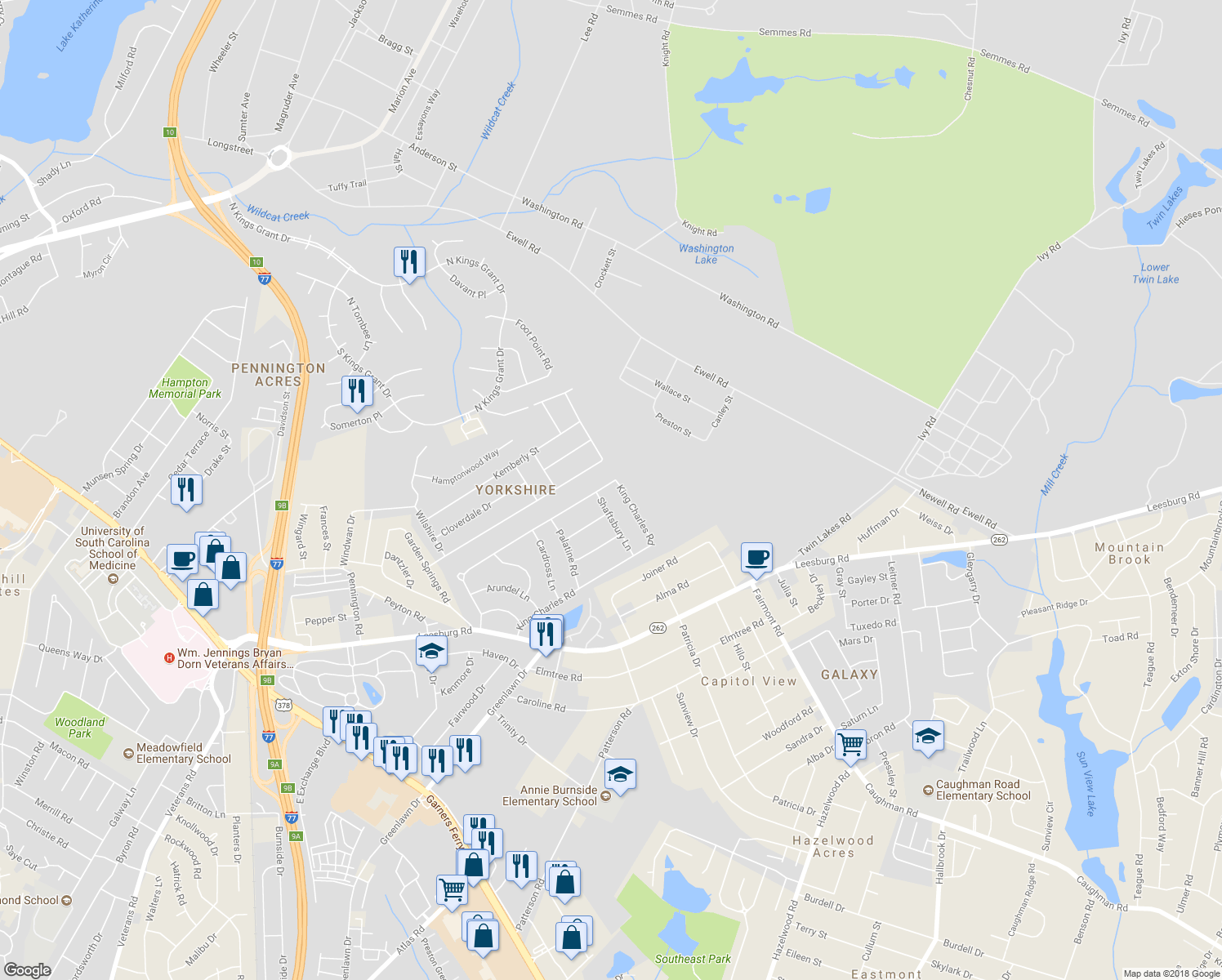 map of restaurants, bars, coffee shops, grocery stores, and more near 140 King Charles Road in Columbia