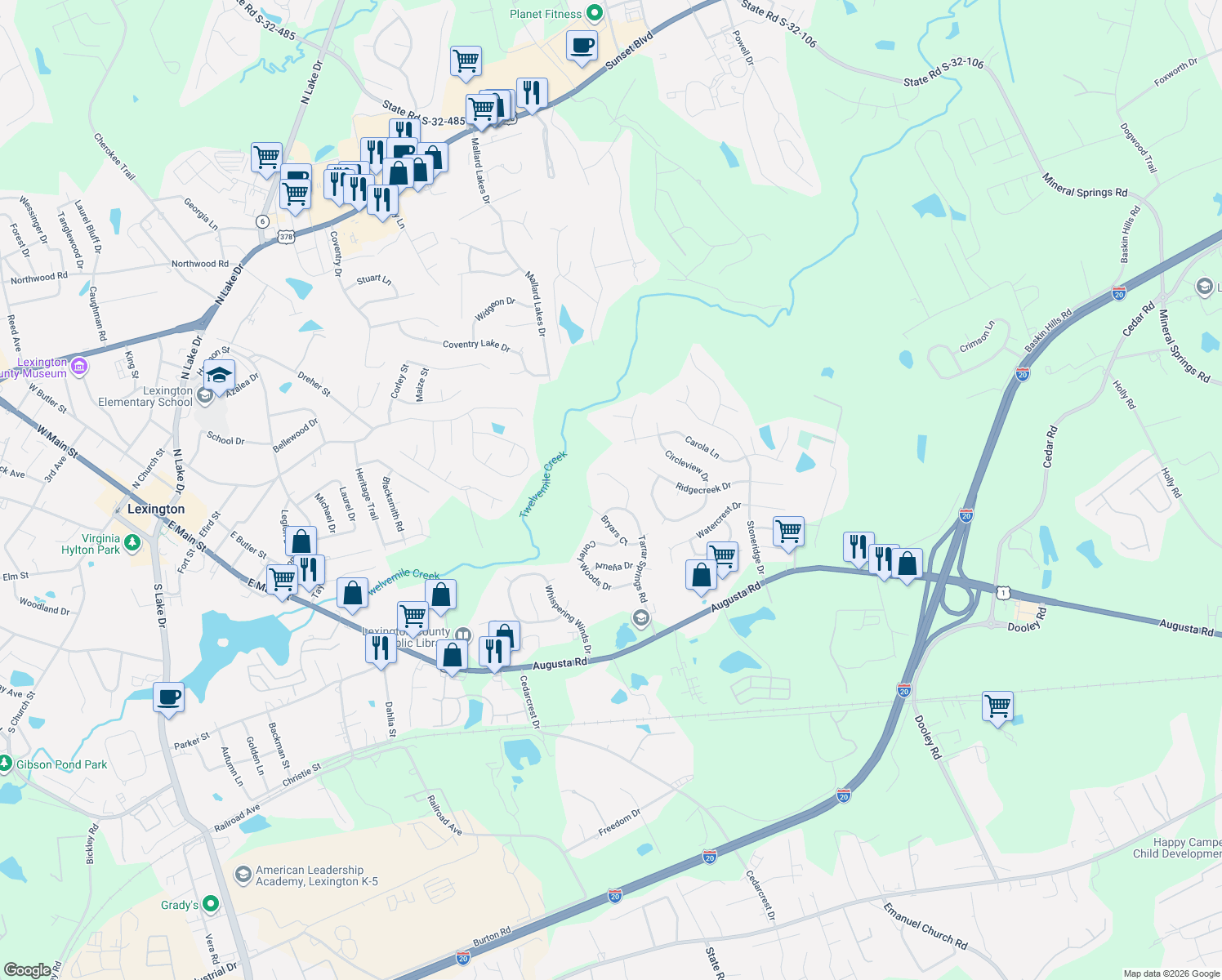 map of restaurants, bars, coffee shops, grocery stores, and more near 113 Athena Lane in Lexington