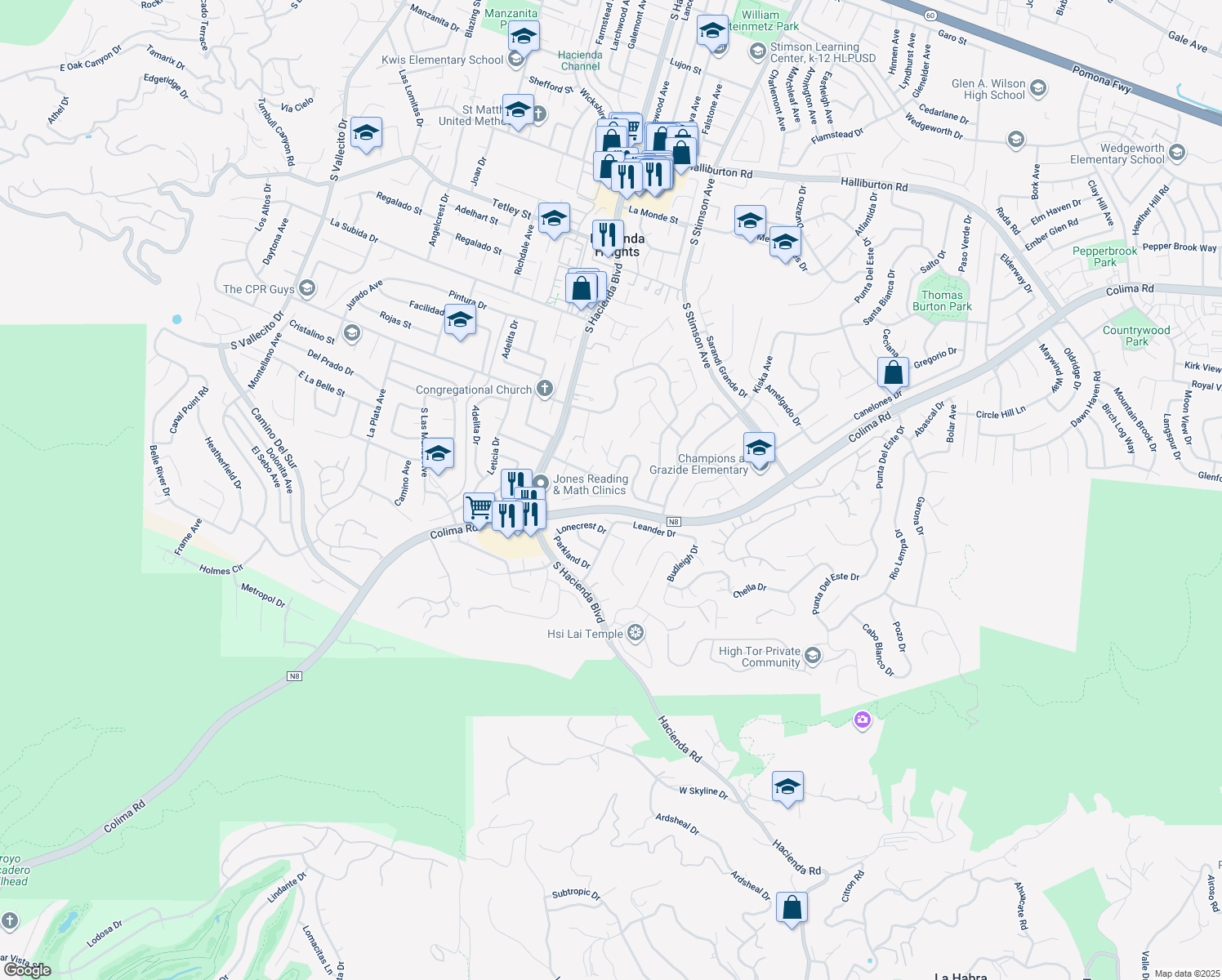 map of restaurants, bars, coffee shops, grocery stores, and more near 15949 Maracaibo Place in Hacienda Heights