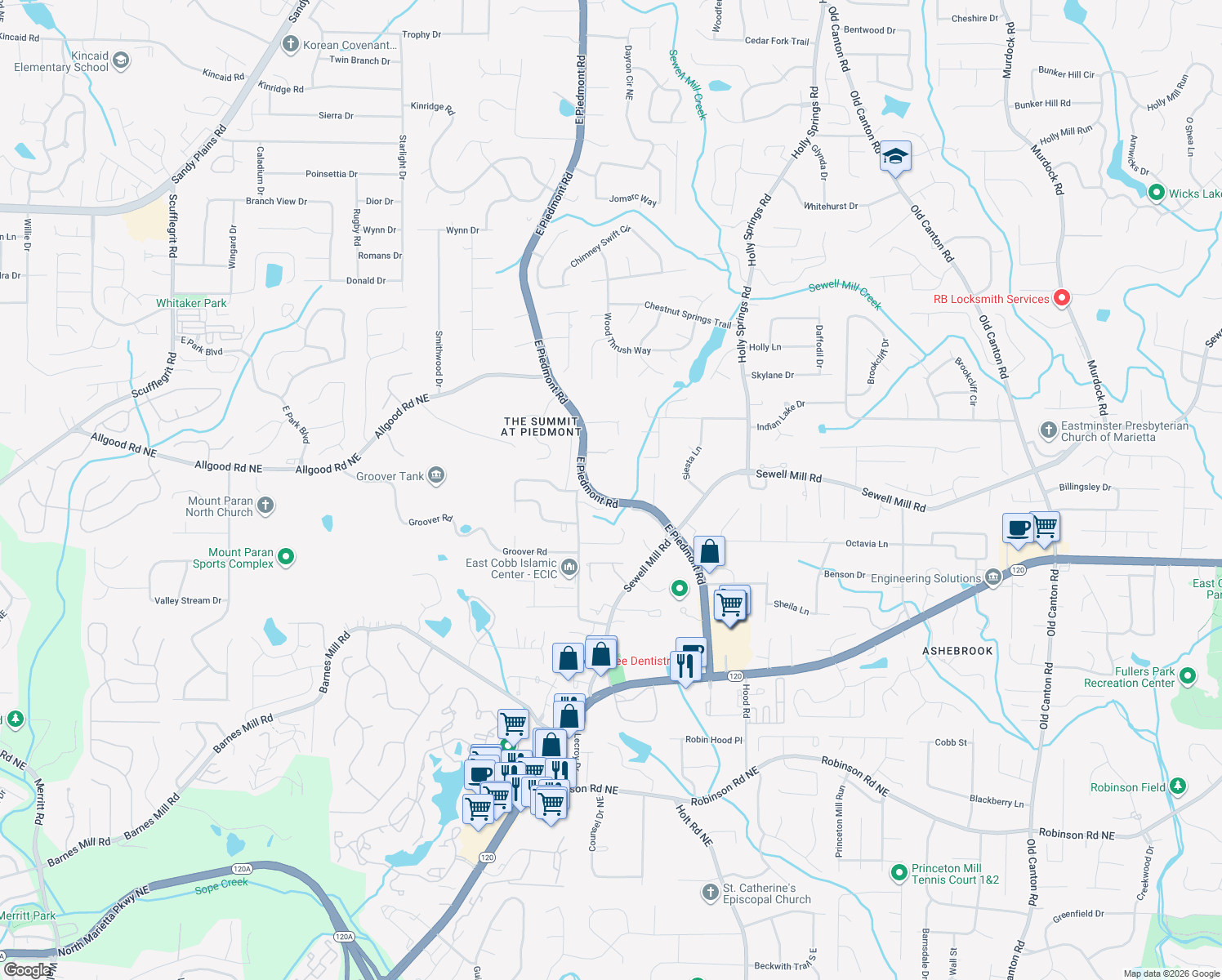 map of restaurants, bars, coffee shops, grocery stores, and more near 1278 East Piedmont Road in Marietta