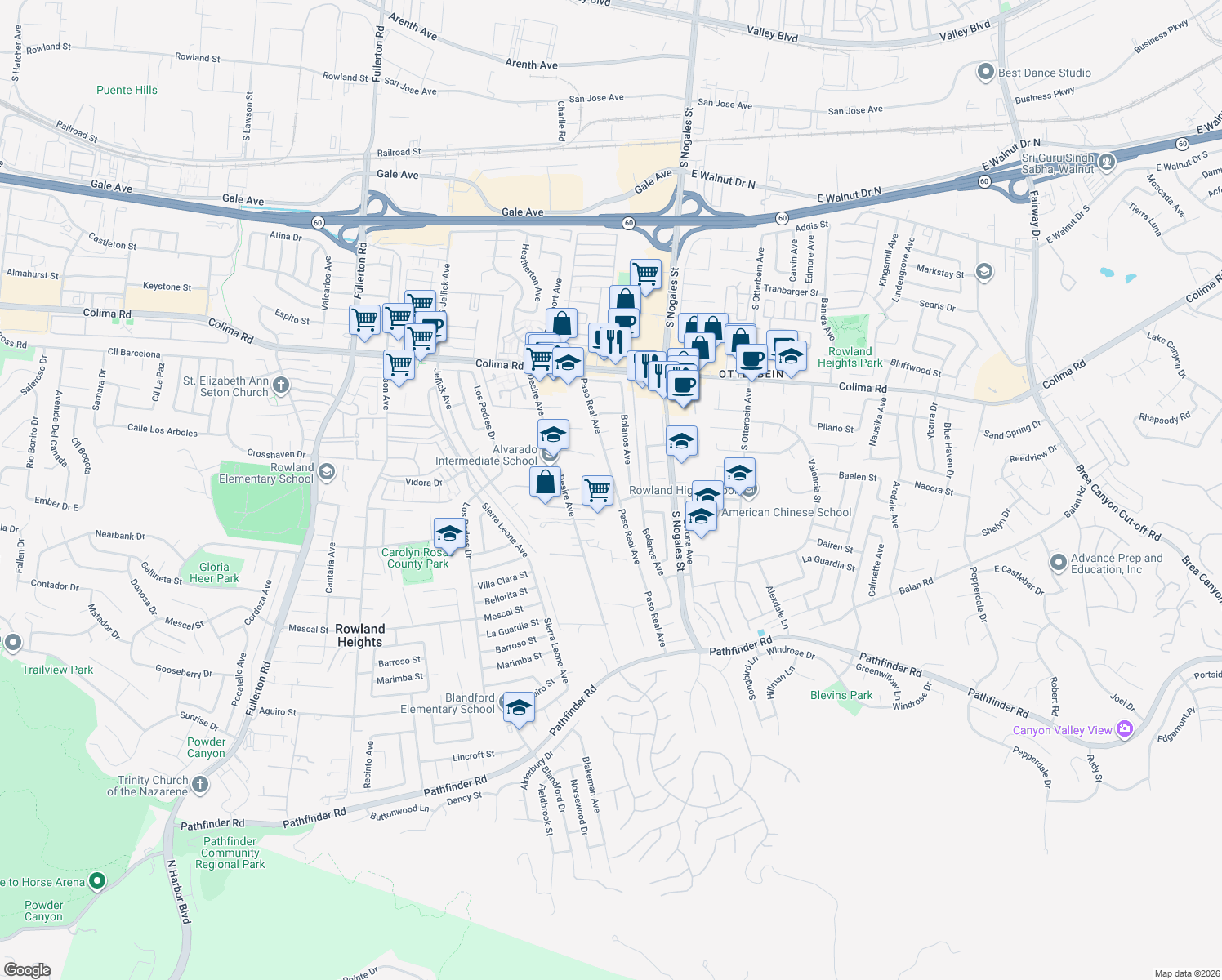 map of restaurants, bars, coffee shops, grocery stores, and more near 18875 Honore Street in Rowland Heights
