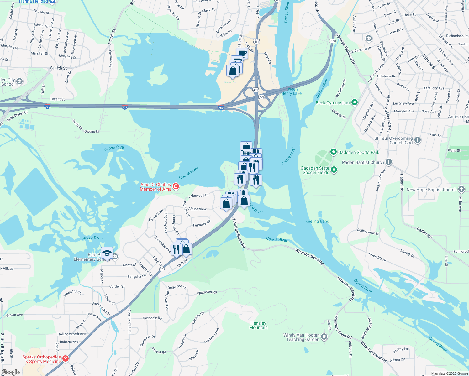map of restaurants, bars, coffee shops, grocery stores, and more near 111 Lakepoint Dr in Gadsden
