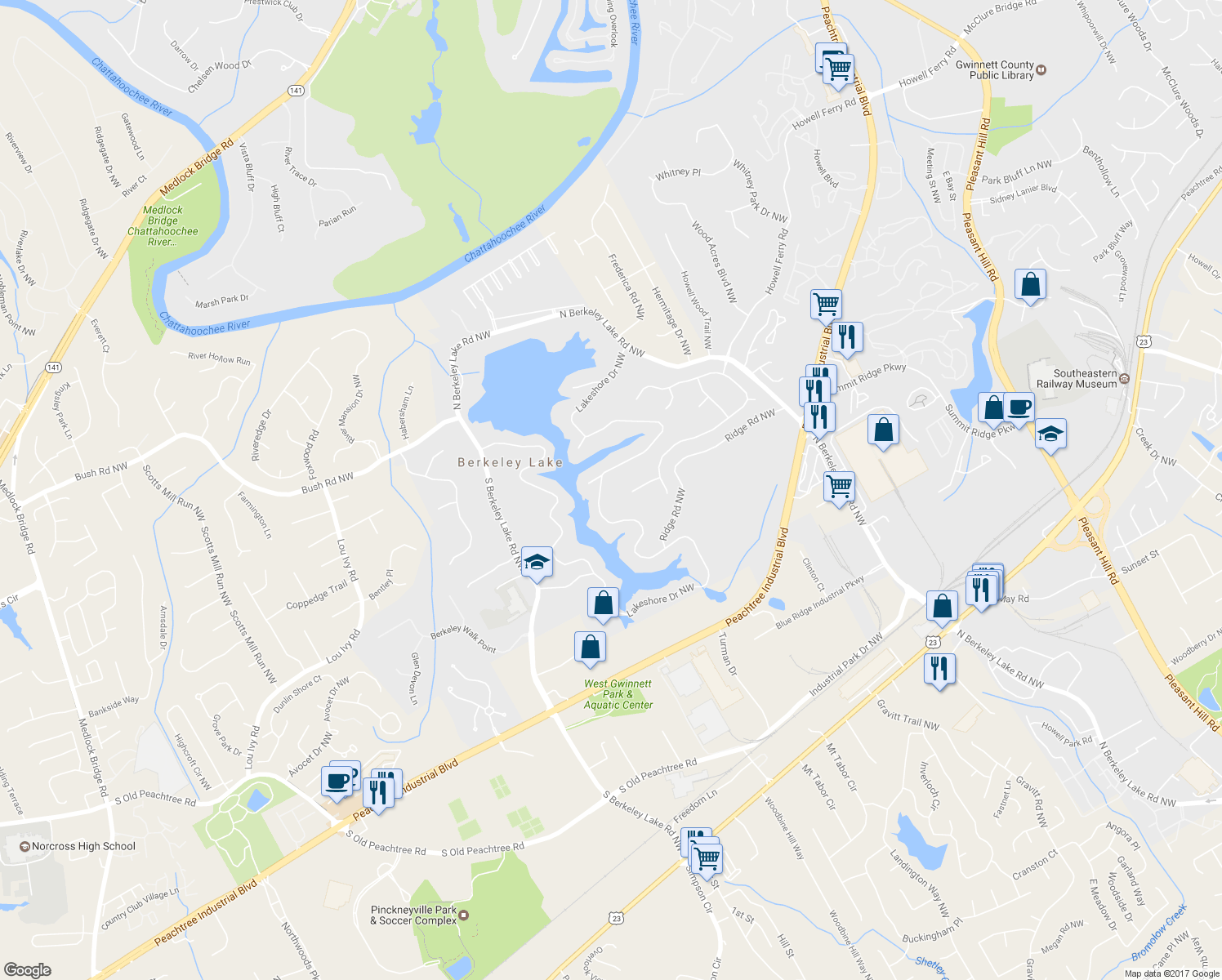 map of restaurants, bars, coffee shops, grocery stores, and more near 589 Lakeshore Drive Northwest in Duluth