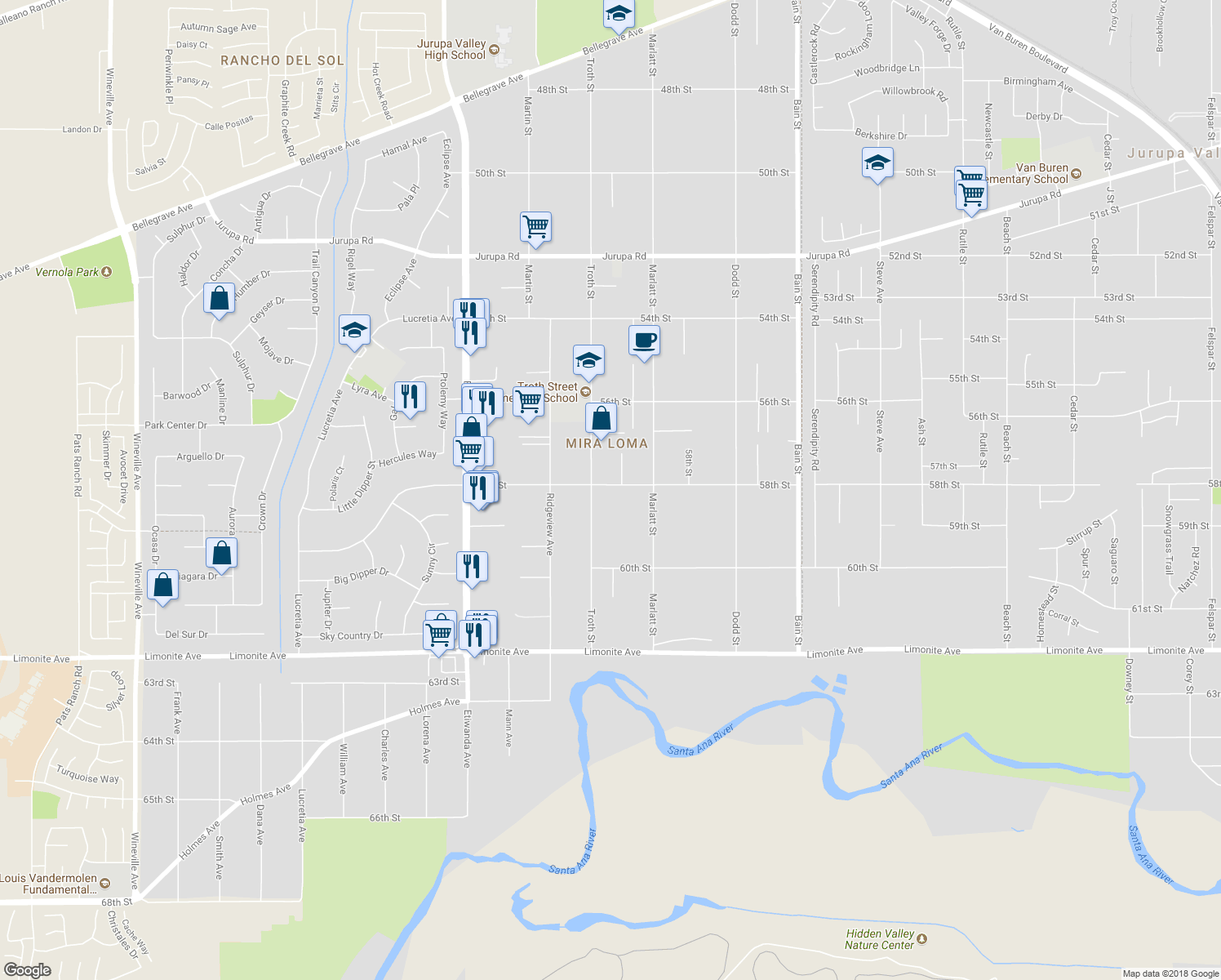 map of restaurants, bars, coffee shops, grocery stores, and more near 10570 58th Street in Jurupa Valley