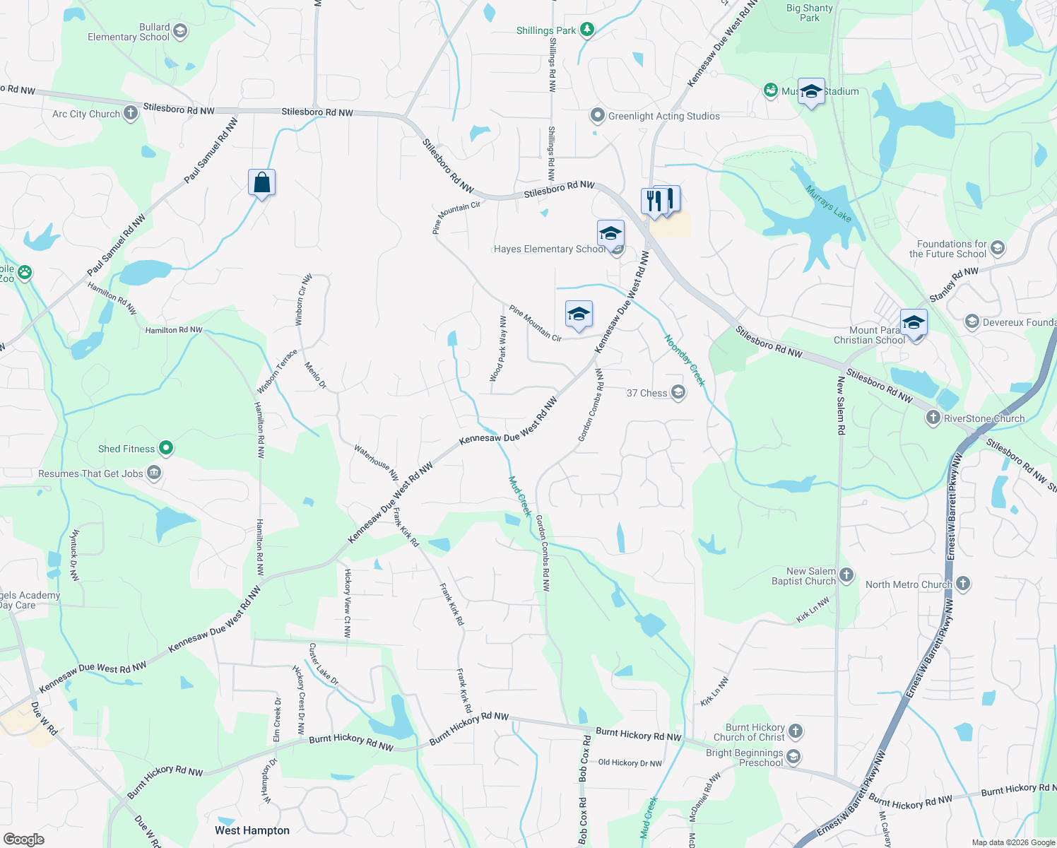 map of restaurants, bars, coffee shops, grocery stores, and more near 2989 Windward Drive Northwest in Kennesaw