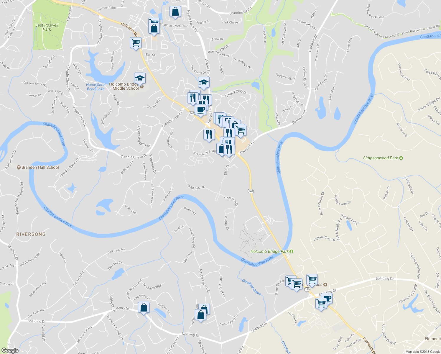 map of restaurants, bars, coffee shops, grocery stores, and more near 8643 Ellard Drive in Alpharetta