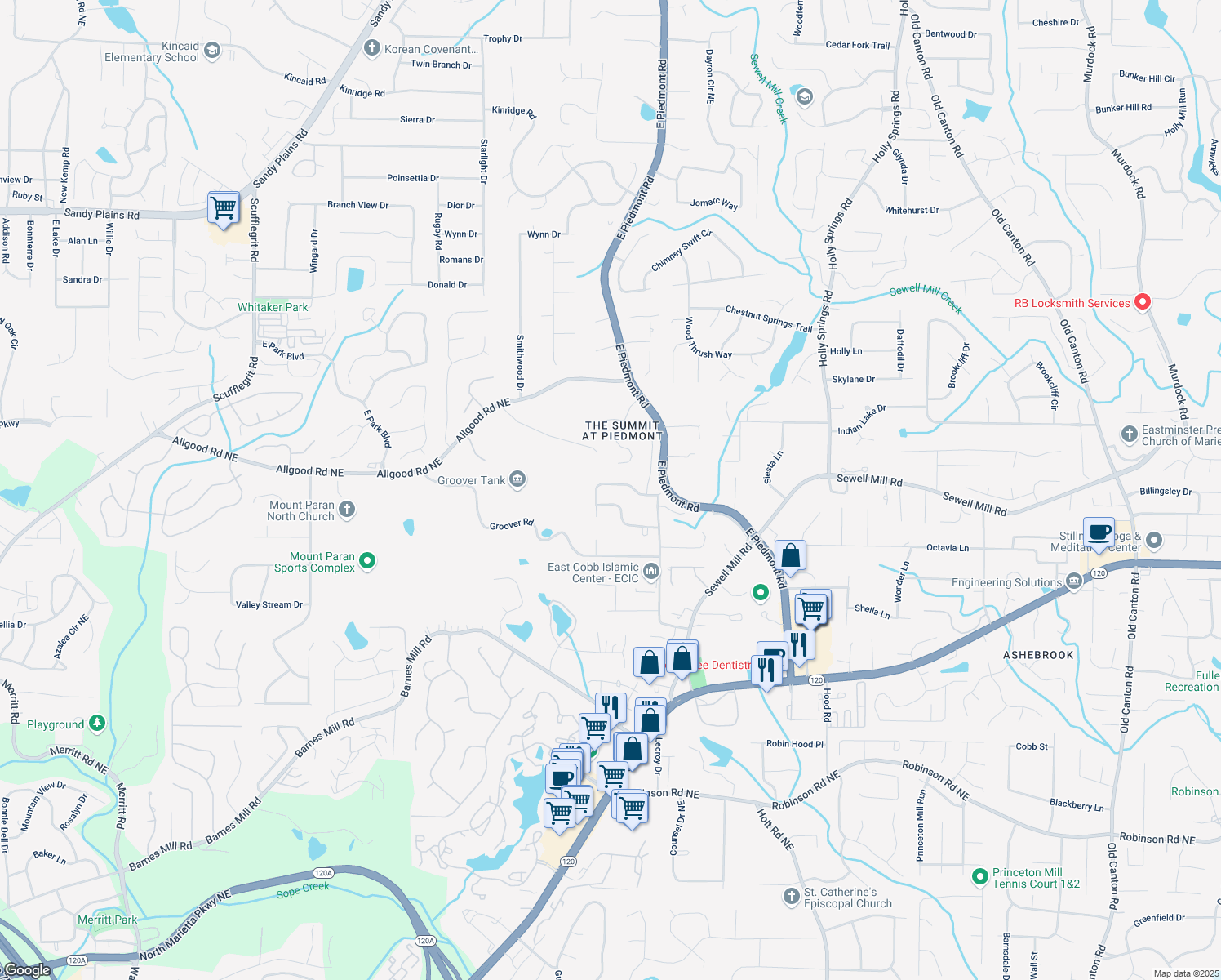 map of restaurants, bars, coffee shops, grocery stores, and more near 1124 Promontory Drive in Marietta