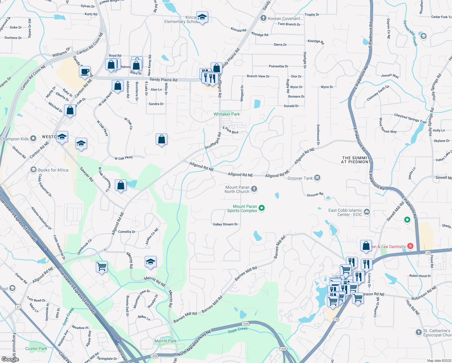 map of restaurants, bars, coffee shops, grocery stores, and more near 1517 Hillhaven Drive in Marietta