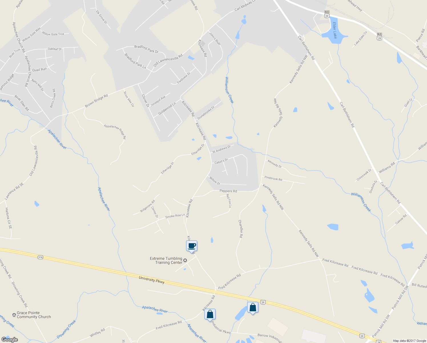 map of restaurants, bars, coffee shops, grocery stores, and more near 474 Kilcrease Road in Auburn